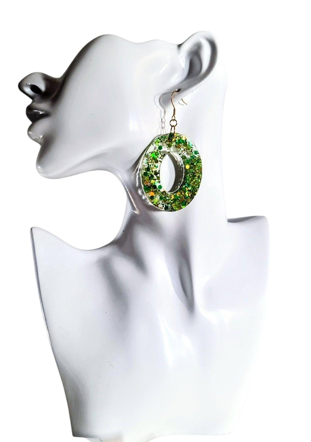 Green Glitter Resin Dangle Earrings: Stainless Steel, Hypoallergenic