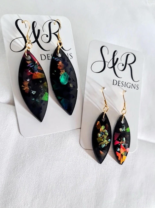 Black Holographic Resin Earrings, Leaf Shape Dangle Earrings, Statement Earrings, Large & Small Sizes, Handmade Glitter Jewelry, Lightweight