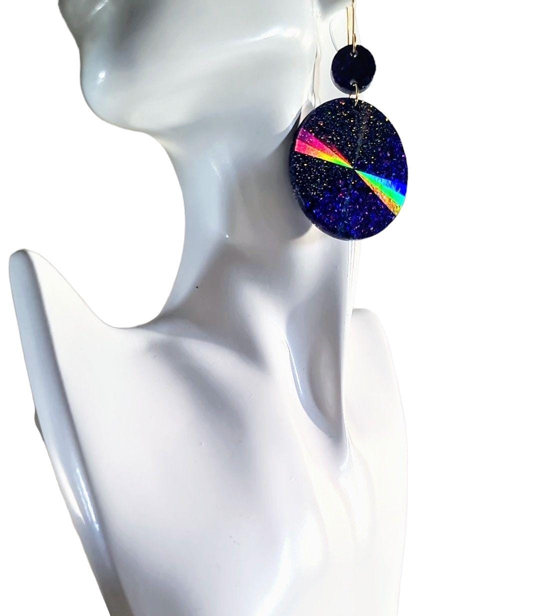 Purple Circle Dangle Earrings, Holographic Shimmer Mix Glitter, Long Dangle, lightweight Statement Earrings, Stainless Steel Hypoallergenic