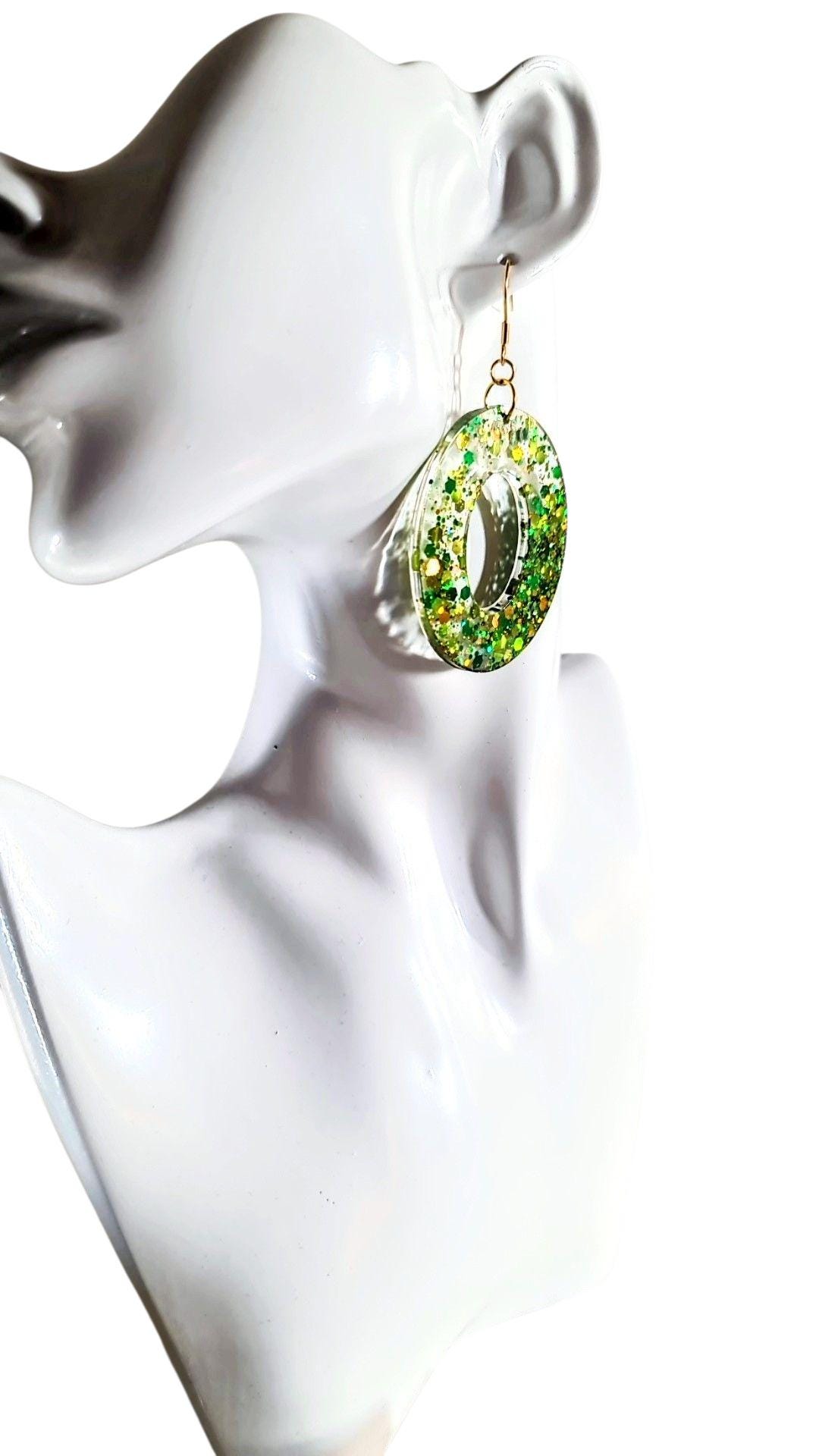 Green Glitter Resin Dangle Earrings: Stainless Steel, Hypoallergenic