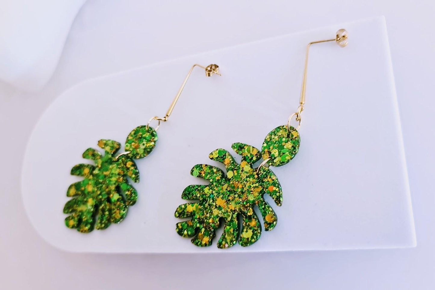 Green Monstera Leaf Dangle Earrings, Gold Glitter Resin Statement Jewelry