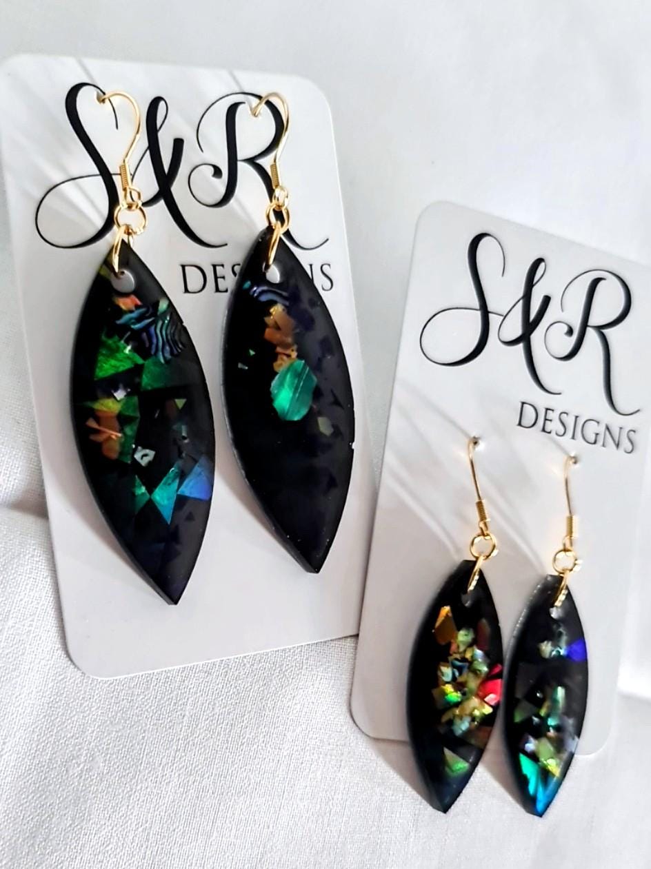 Black Holographic Resin Earrings, Leaf Shape Dangle Earrings, Statement Earrings, Large & Small Sizes, Handmade Glitter Jewelry, Lightweight
