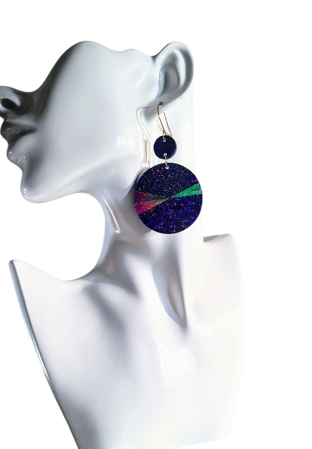 Purple Circle Dangle Earrings, Holographic Shimmer Mix Glitter, Long Dangle, lightweight Statement Earrings, Stainless Steel Hypoallergenic