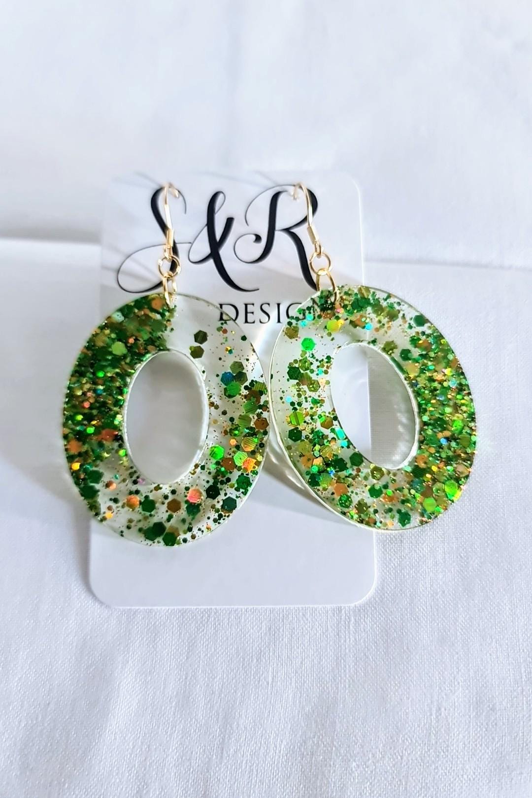 Green Glitter Resin Dangle Earrings: Stainless Steel, Hypoallergenic