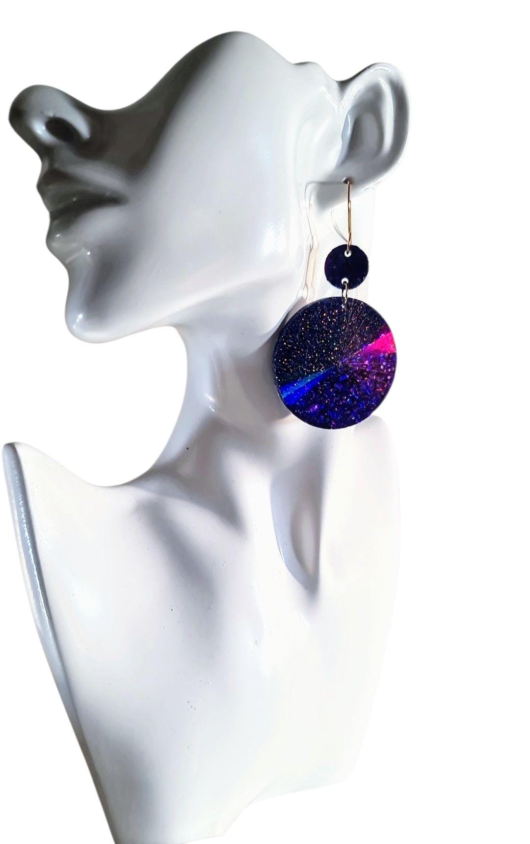 Purple Circle Dangle Earrings, Holographic Shimmer Mix Glitter, Long Dangle, lightweight Statement Earrings, Stainless Steel Hypoallergenic
