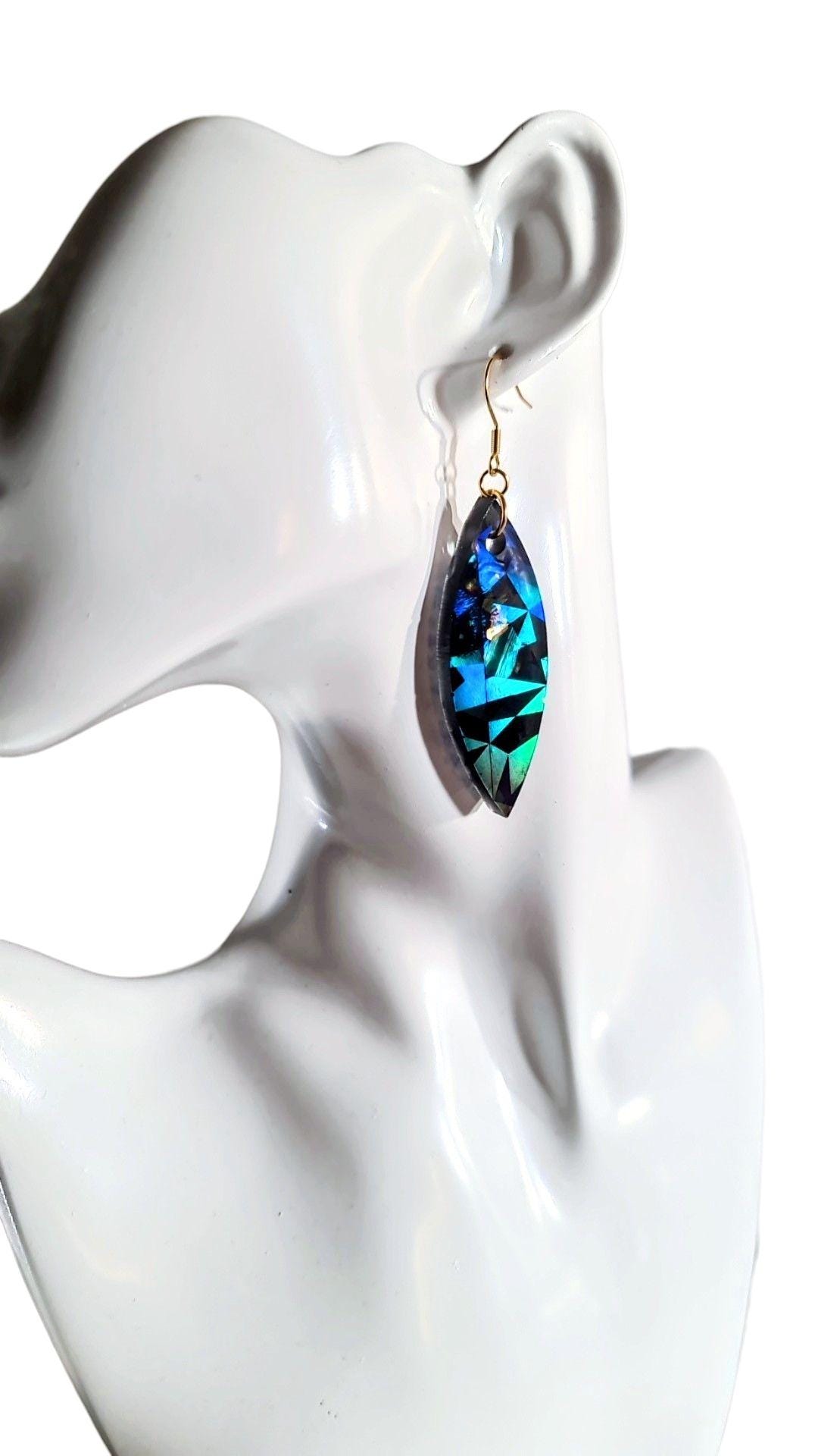 Black Holographic Resin Earrings, Leaf Shape Dangle Earrings, Statement Earrings, Large & Small Sizes, Handmade Glitter Jewelry, Lightweight