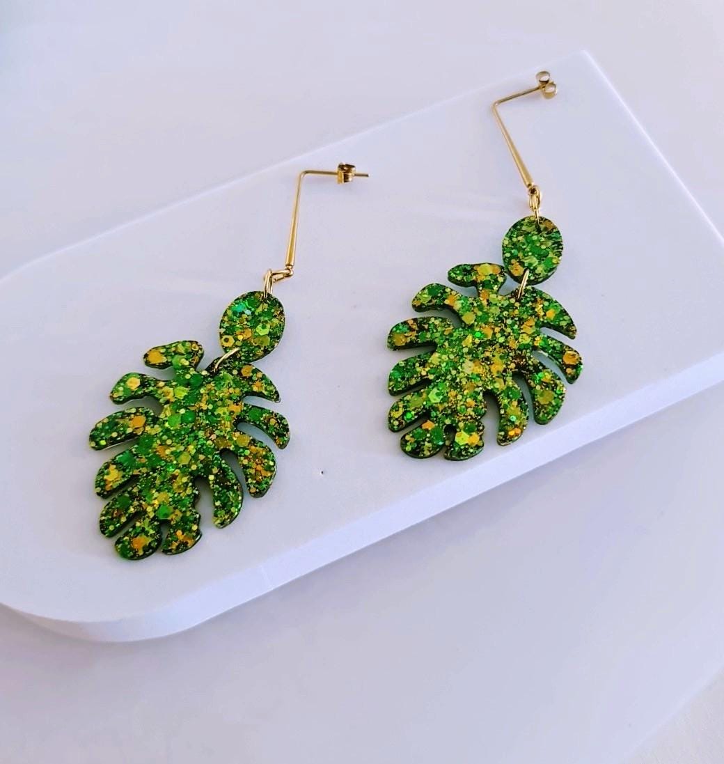 Green Monstera Leaf Dangle Earrings, Gold Glitter Resin Statement Jewelry