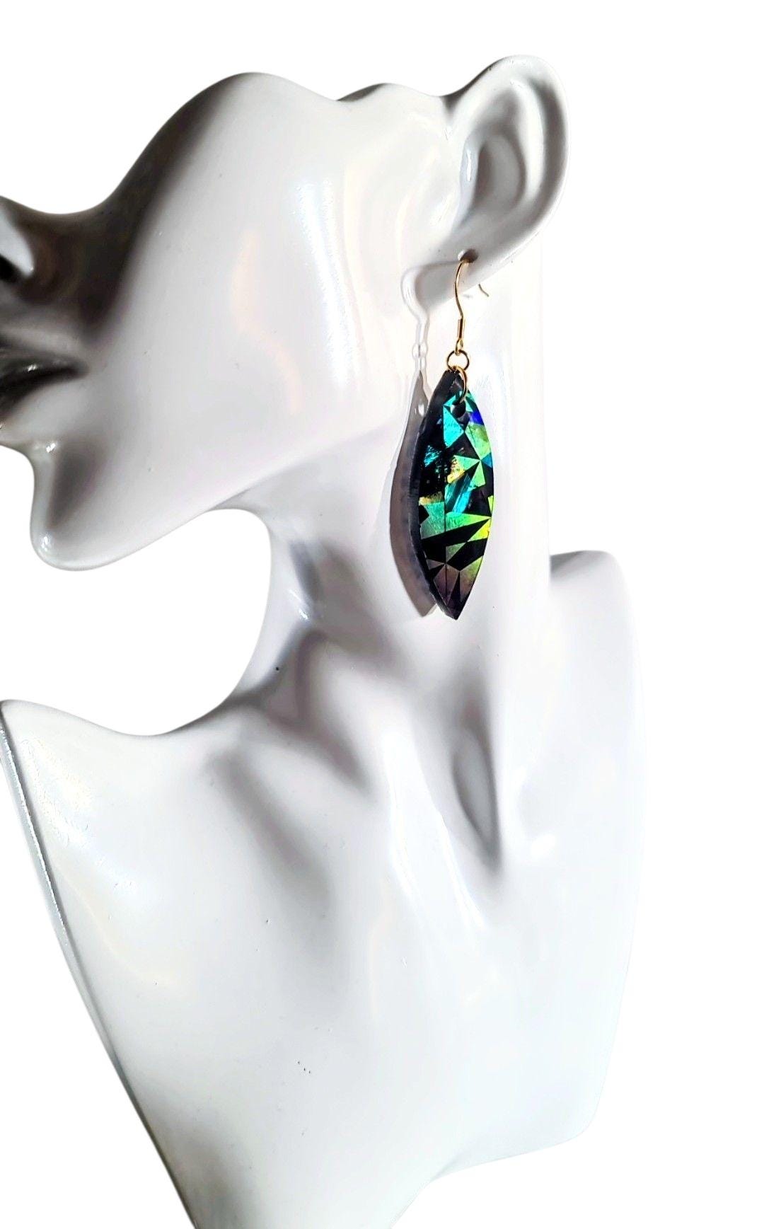 Black Holographic Resin Earrings, Leaf Shape Dangle Earrings, Statement Earrings, Large & Small Sizes, Handmade Glitter Jewelry, Lightweight