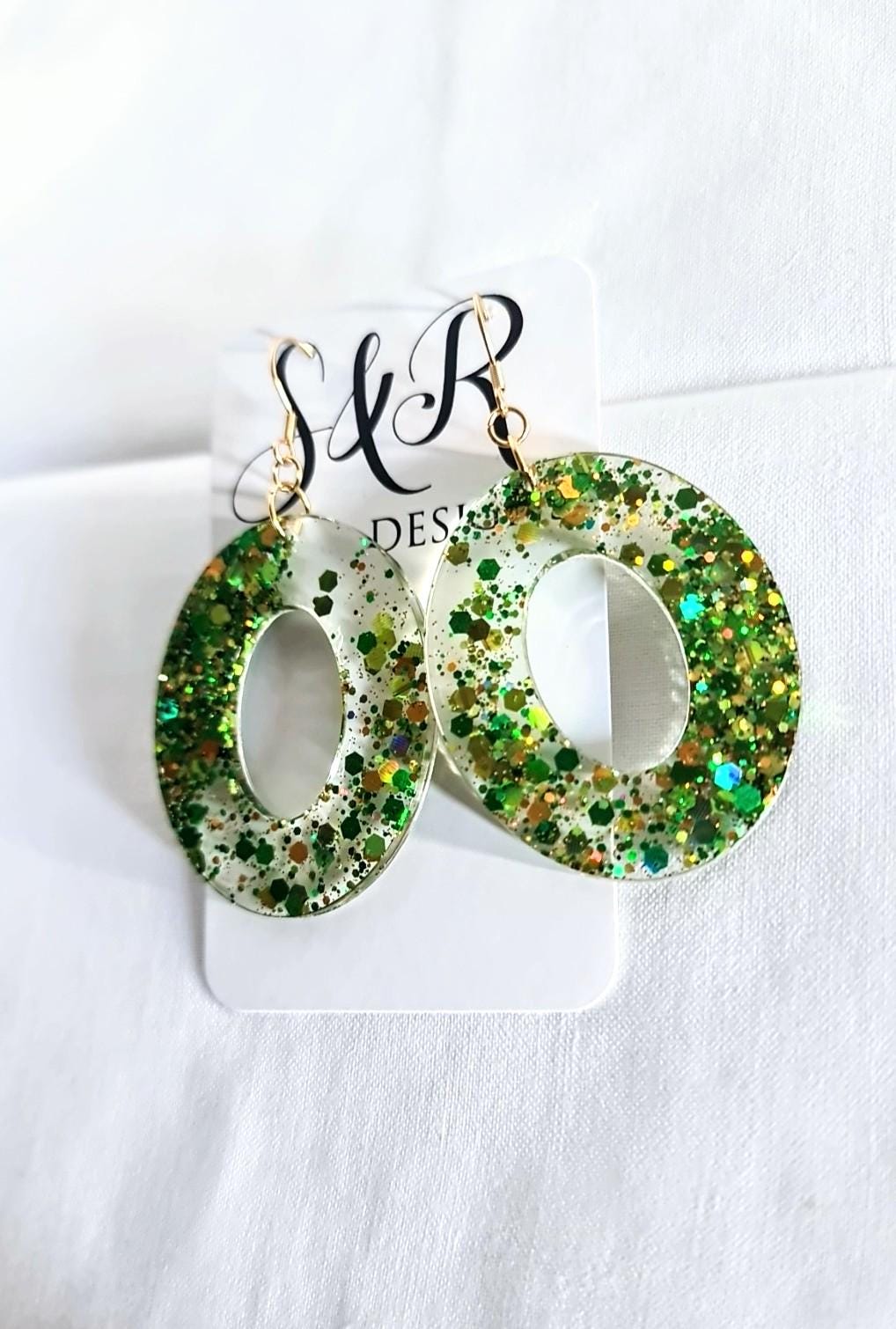 Green Glitter Resin Dangle Earrings: Stainless Steel, Hypoallergenic