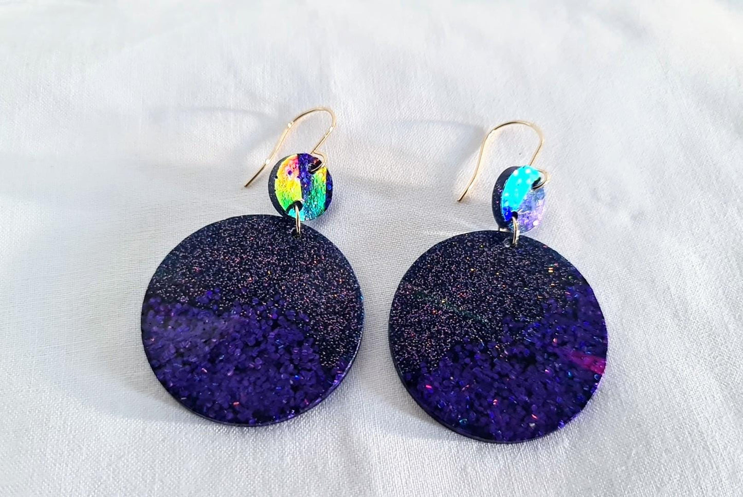 Purple Circle Dangle Earrings, Holographic Shimmer Mix Glitter, Long Dangle, lightweight Statement Earrings, Stainless Steel Hypoallergenic
