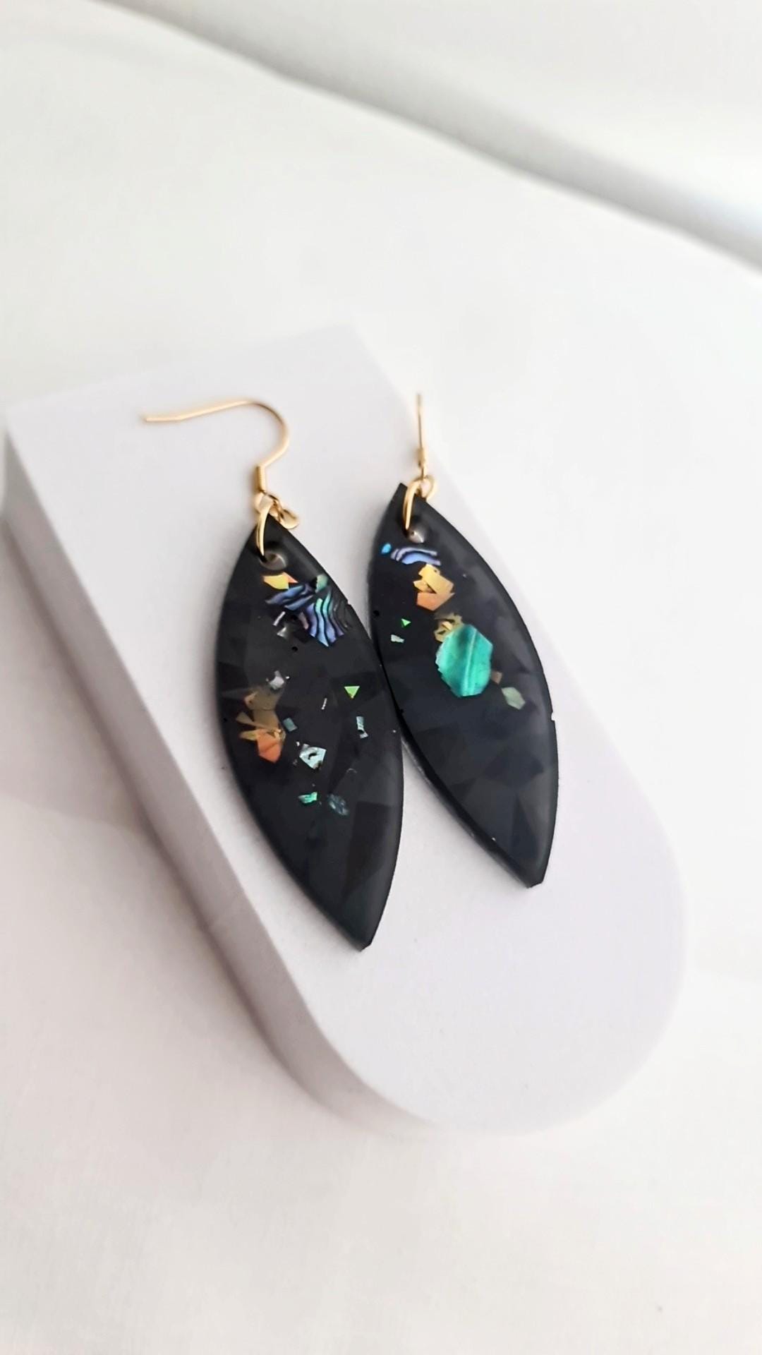 Black Holographic Resin Earrings, Leaf Shape Dangle Earrings, Statement Earrings, Large & Small Sizes, Handmade Glitter Jewelry, Lightweight
