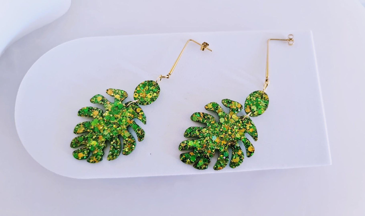 Green Monstera Leaf Dangle Earrings, Gold Glitter Resin Statement Jewelry