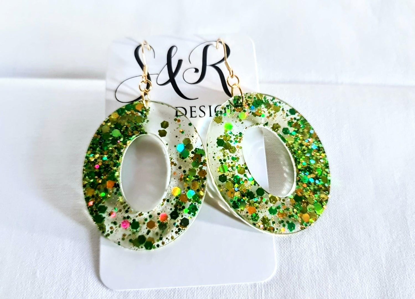 Green Glitter Resin Dangle Earrings: Stainless Steel, Hypoallergenic