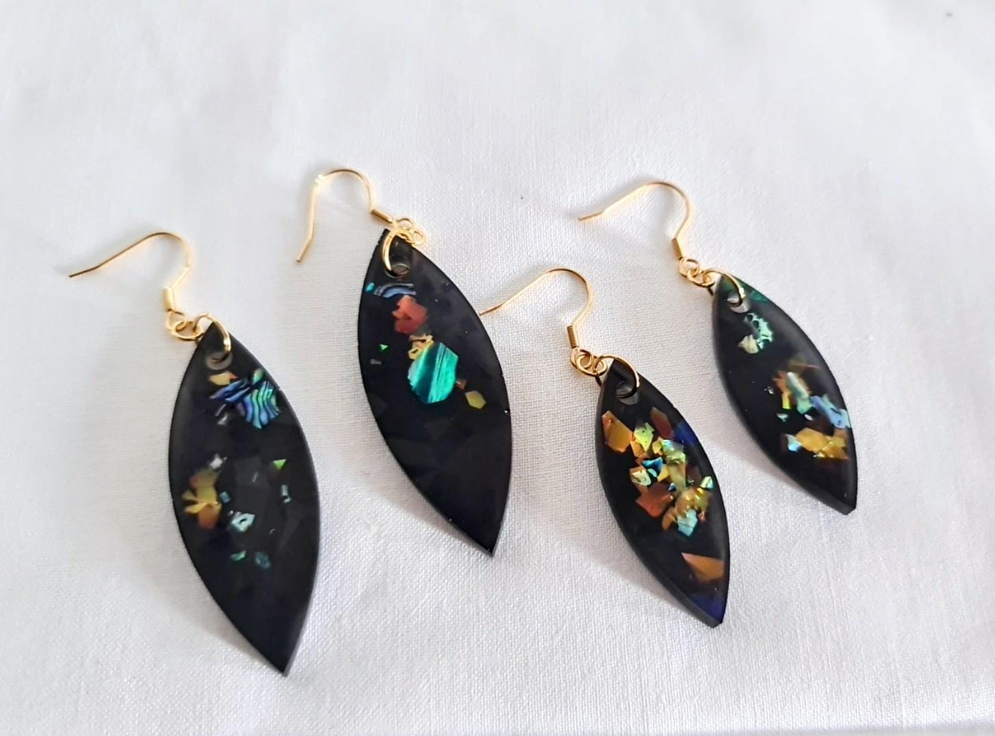 Black Holographic Resin Earrings, Leaf Shape Dangle Earrings, Statement Earrings, Large & Small Sizes, Handmade Glitter Jewelry, Lightweight