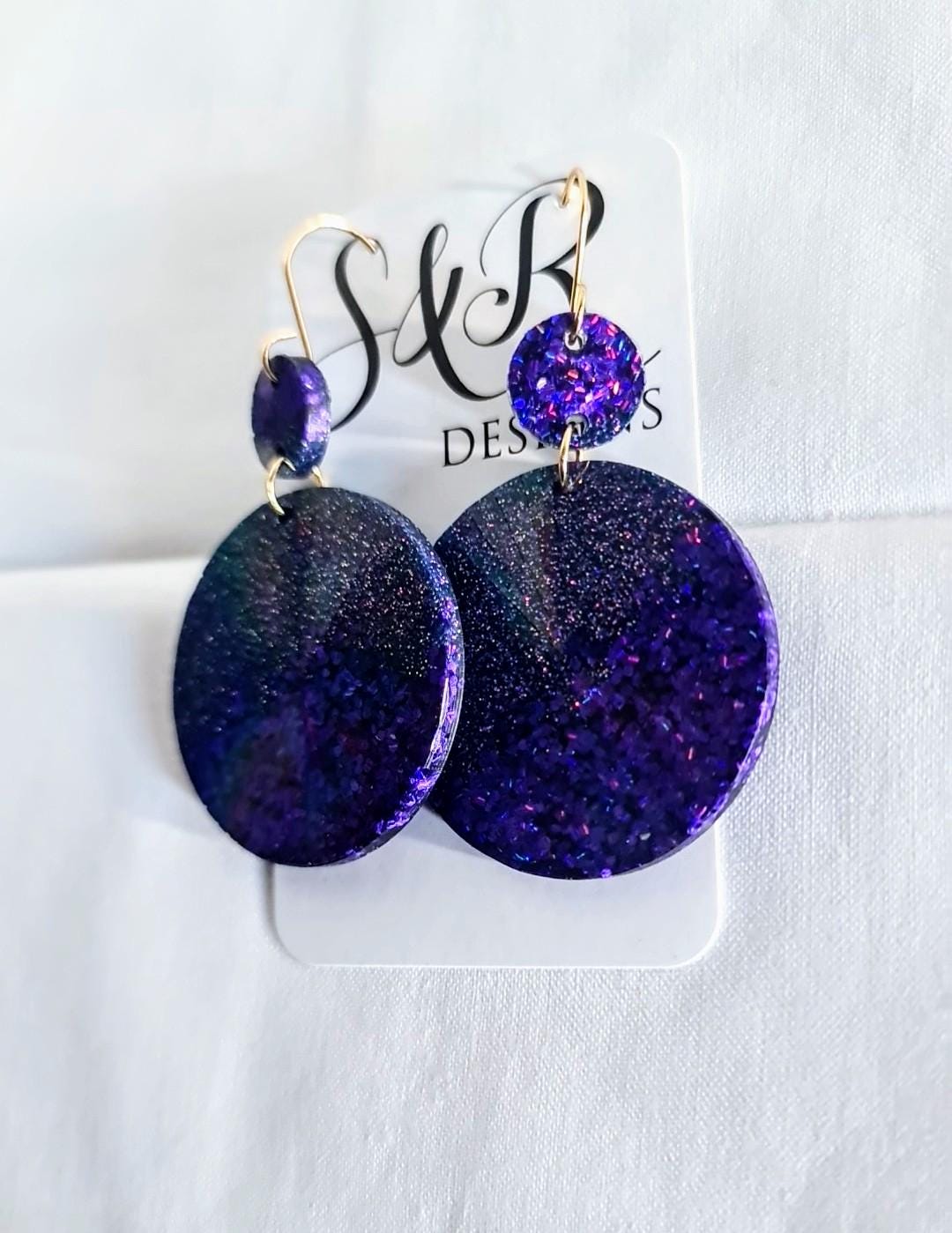 Purple Circle Dangle Earrings, Holographic Shimmer Mix Glitter, Long Dangle, lightweight Statement Earrings, Stainless Steel Hypoallergenic