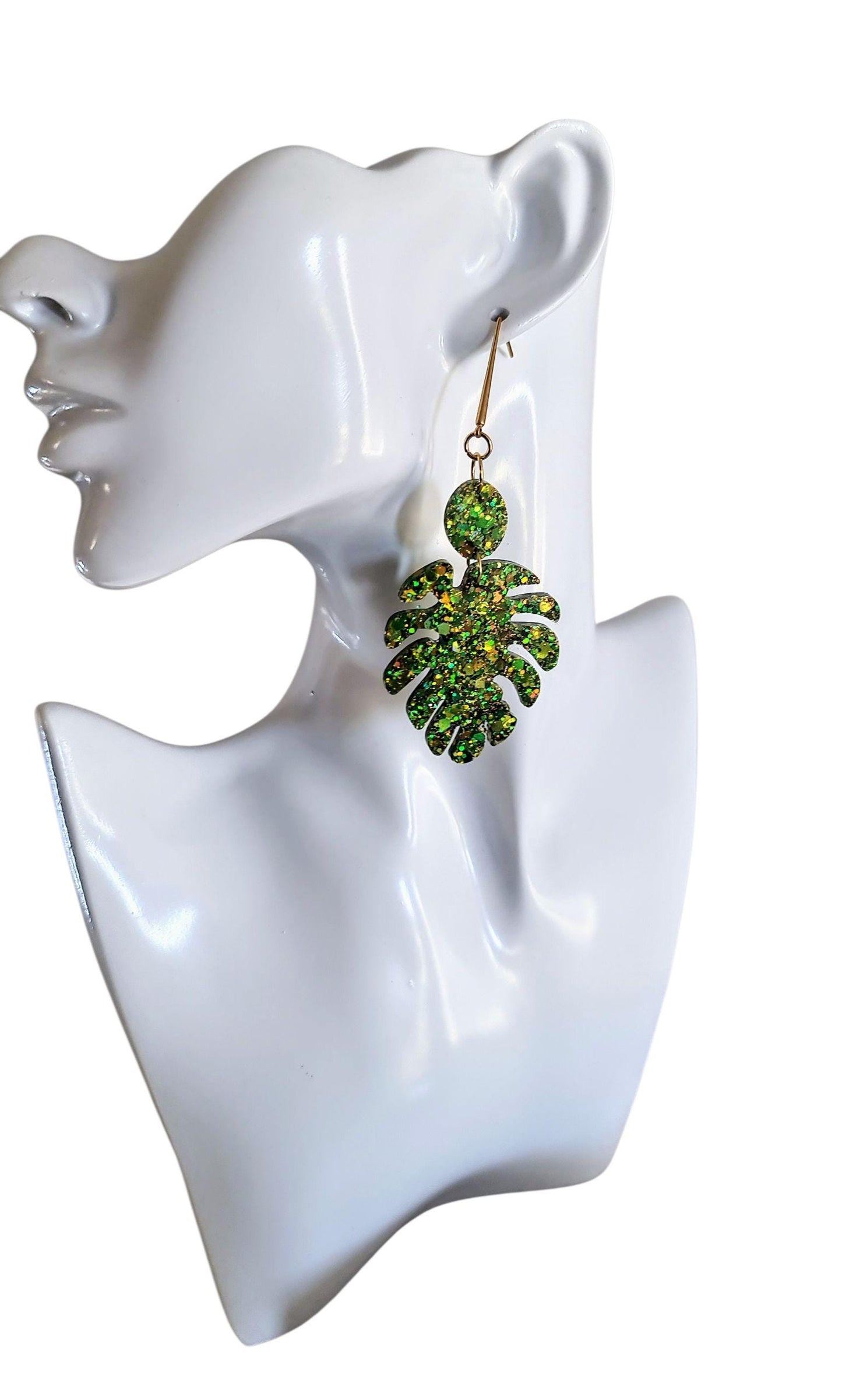 Green Monstera Leaf Dangle Earrings, Gold Glitter Resin Statement Jewelry