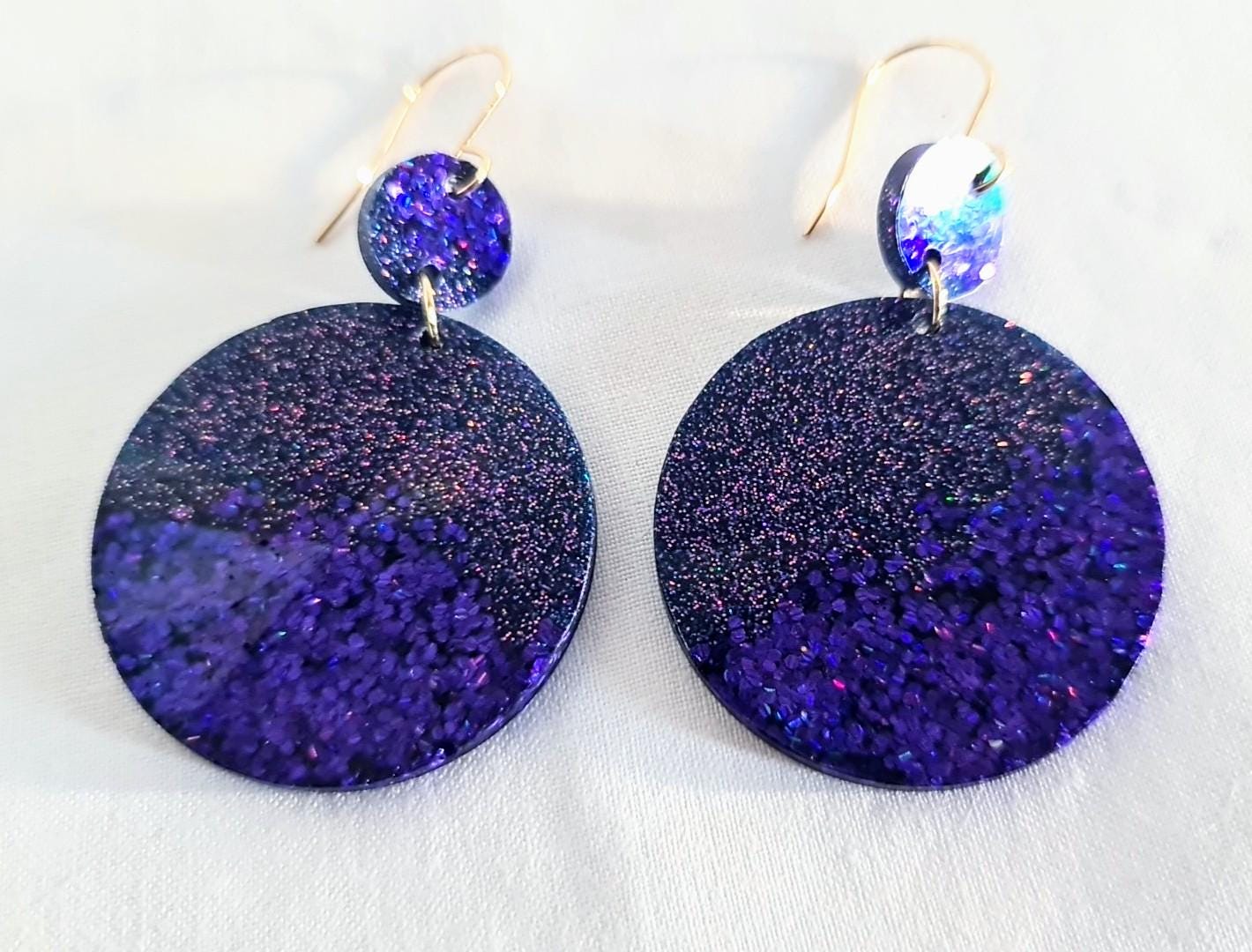 Purple Circle Dangle Earrings, Holographic Shimmer Mix Glitter, Long Dangle, lightweight Statement Earrings, Stainless Steel Hypoallergenic