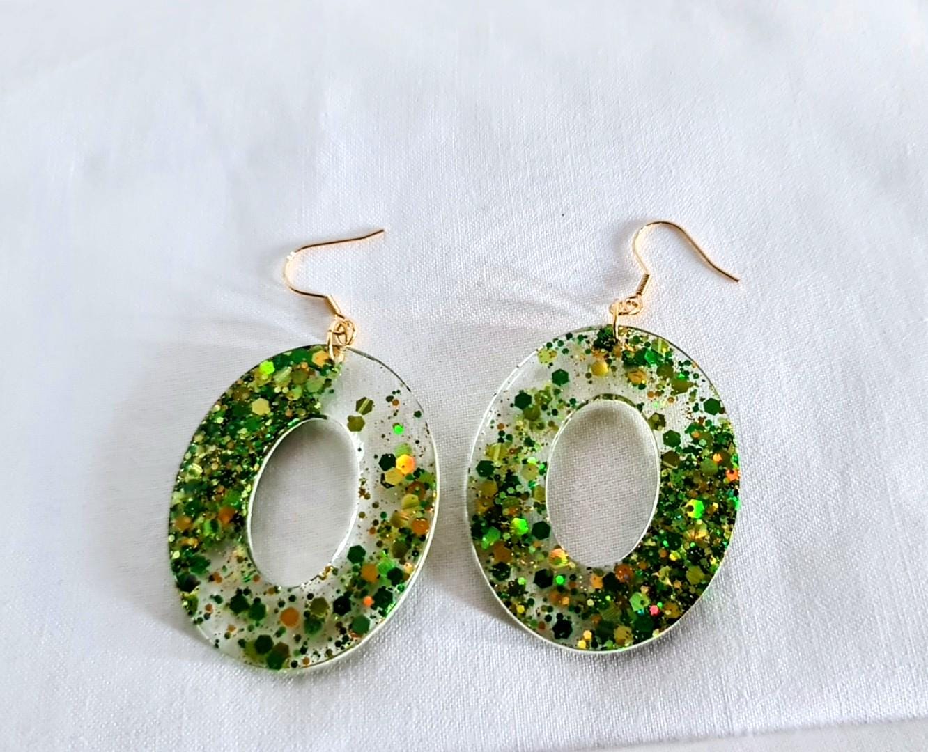 Green Glitter Resin Dangle Earrings: Stainless Steel, Hypoallergenic