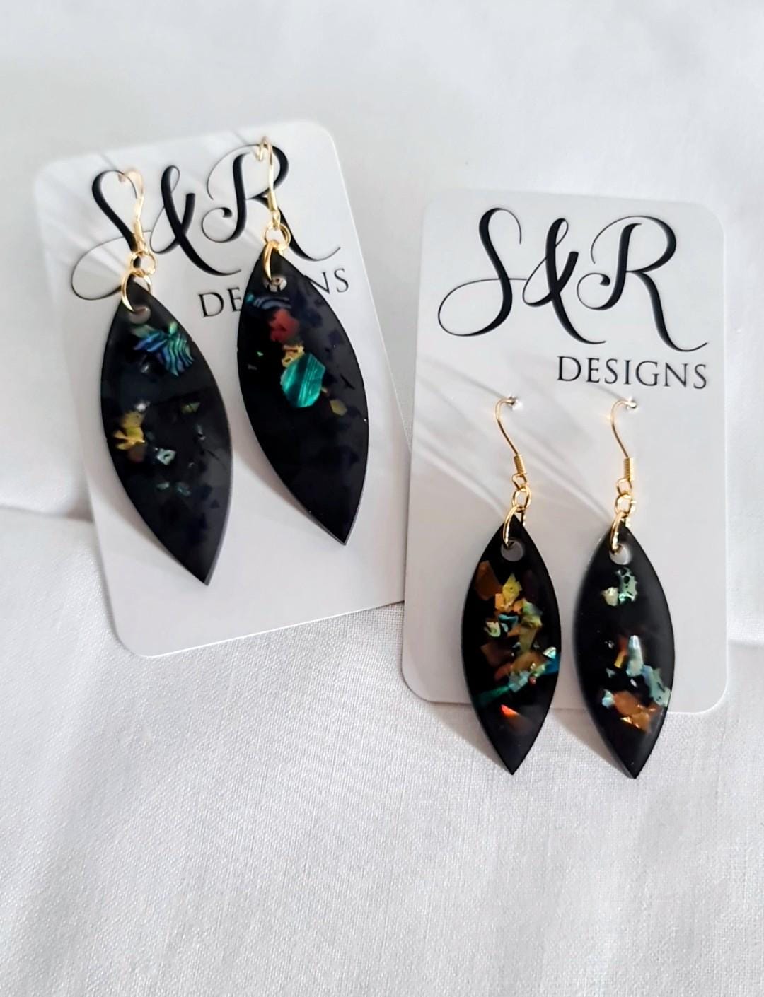 Black Holographic Resin Earrings, Leaf Shape Dangle Earrings, Statement Earrings, Large & Small Sizes, Handmade Glitter Jewelry, Lightweight