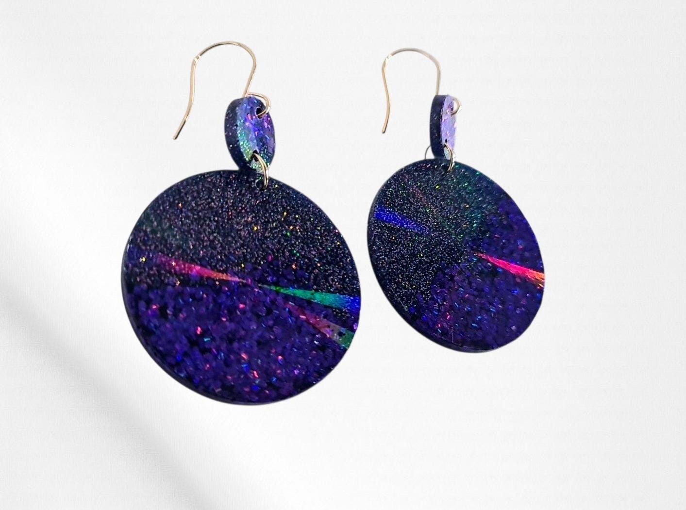 Purple Circle Dangle Earrings, Holographic Shimmer Mix Glitter, Long Dangle, lightweight Statement Earrings, Stainless Steel Hypoallergenic