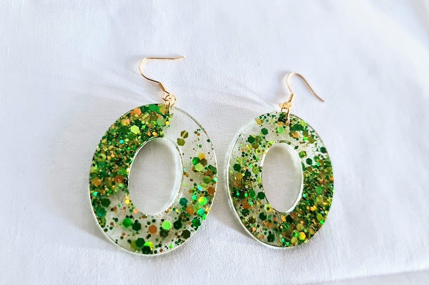 Green Glitter Resin Dangle Earrings: Stainless Steel, Hypoallergenic