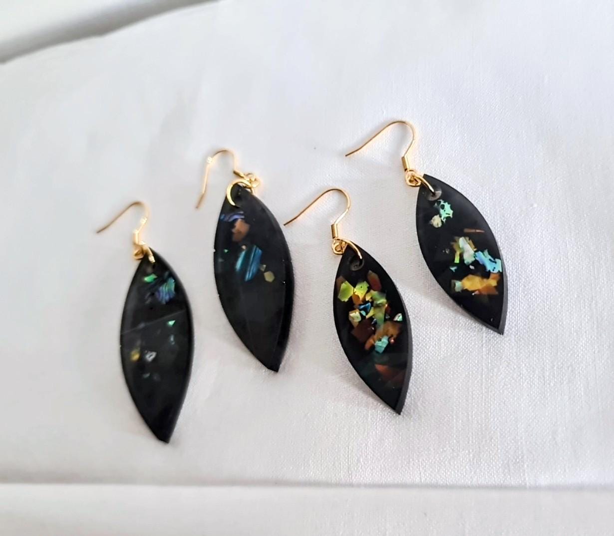 Black Holographic Resin Earrings, Leaf Shape Dangle Earrings, Statement Earrings, Large & Small Sizes, Handmade Glitter Jewelry, Lightweight