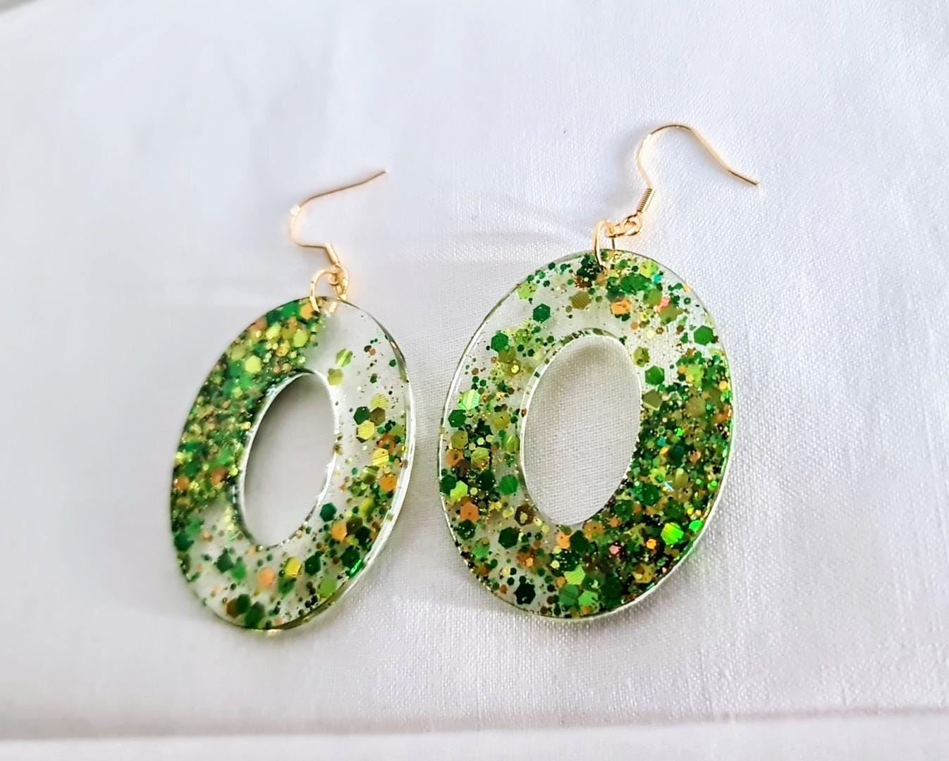 Green Glitter Resin Dangle Earrings: Stainless Steel, Hypoallergenic