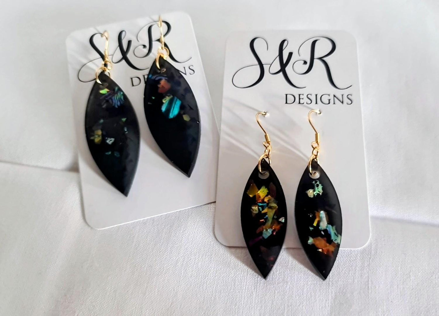 Black Holographic Resin Earrings, Leaf Shape Dangle Earrings, Statement Earrings, Large & Small Sizes, Handmade Glitter Jewelry, Lightweight