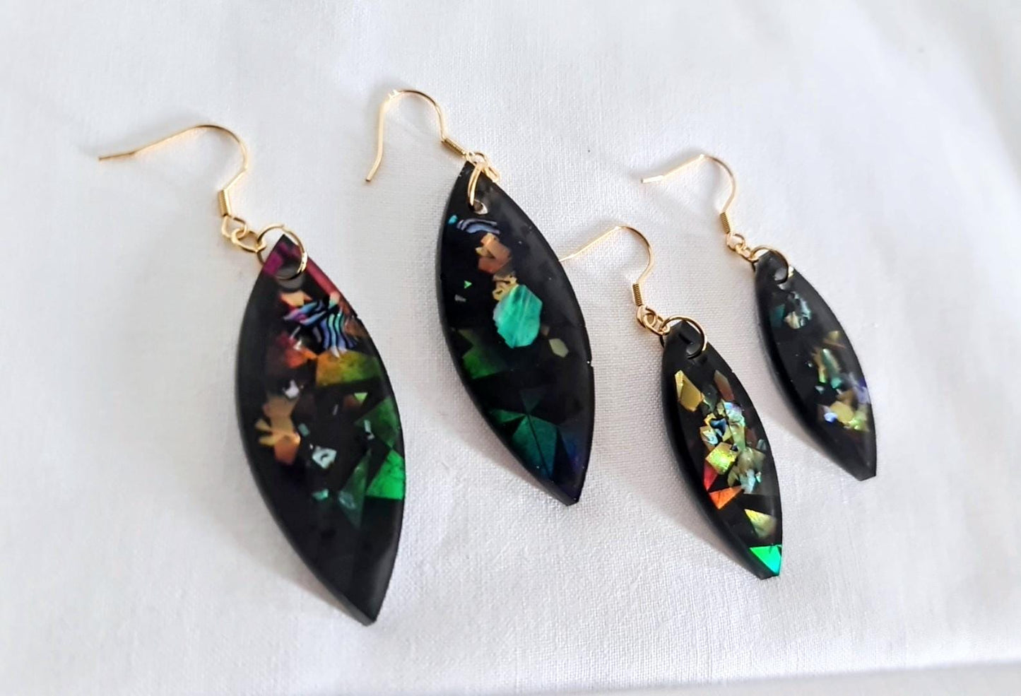 Black Holographic Resin Earrings, Leaf Shape Dangle Earrings, Statement Earrings, Large & Small Sizes, Handmade Glitter Jewelry, Lightweight