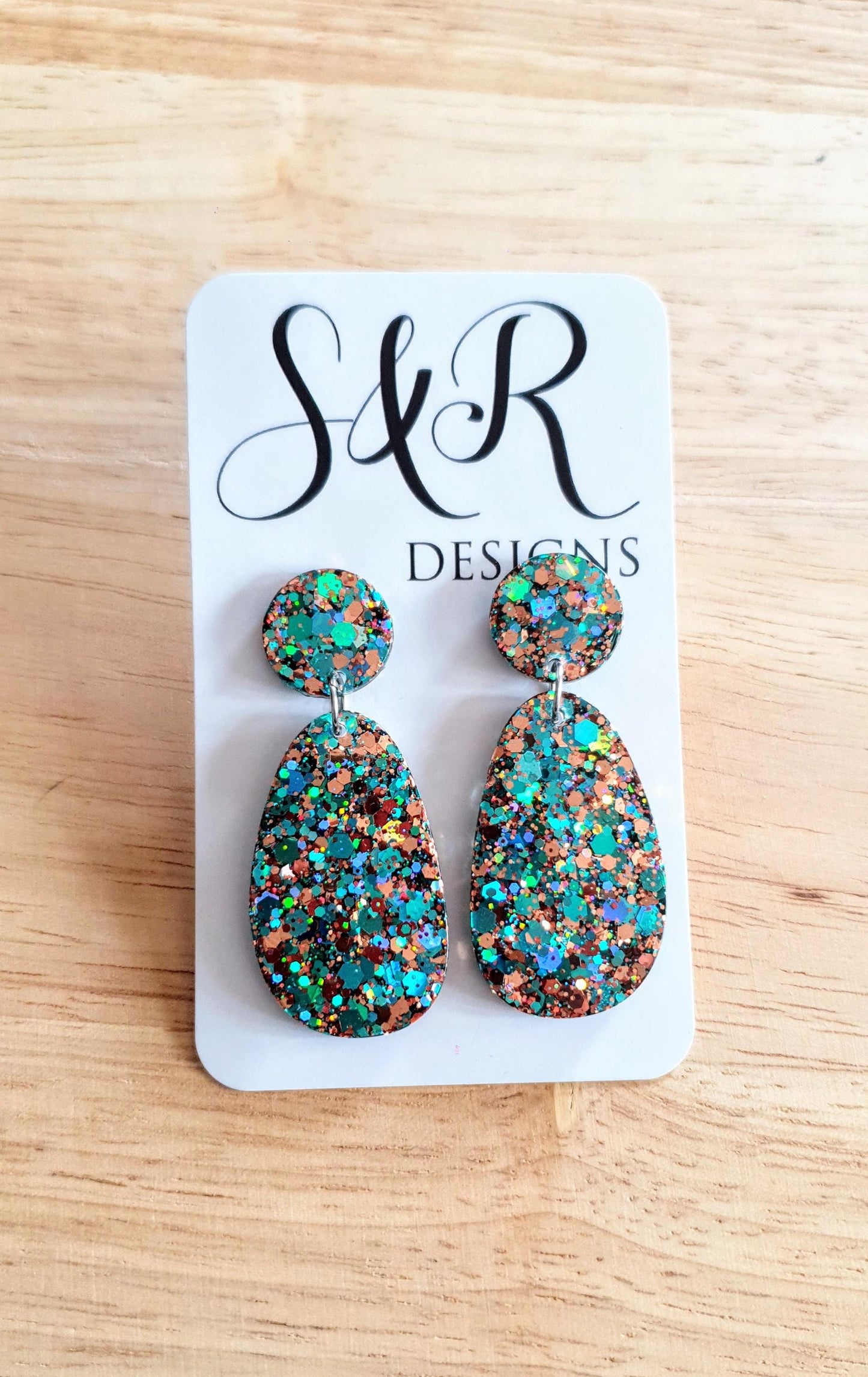 Teal Rosegold Glitter Drop Dangle Earrings, Oval Organic Shape Earrings, Resin Handmade, Stainless Steel. Gift for Her.