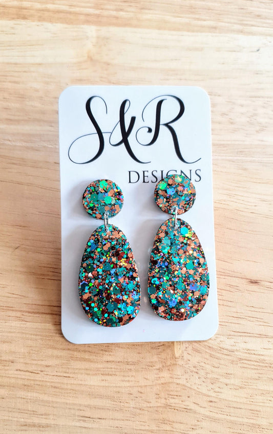 Teal Rosegold Glitter Drop Dangle Earrings, Oval Organic Shape Earrings, Resin Handmade, Stainless Steel. Gift for Her.