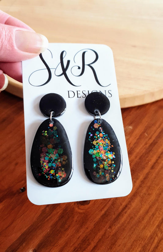 Black Metalic Drop Earrings, Oval Organic Shape Earrings, Black Multicoloured Glitter, Resin Handmade, Stainless Steel. Gift for Her.