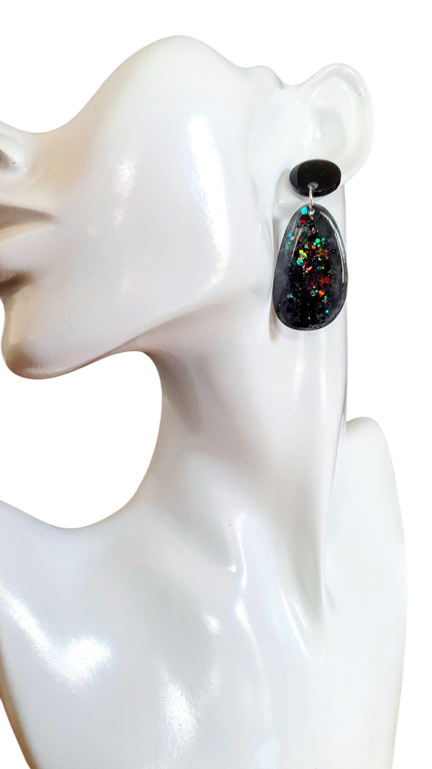 Black Metalic Drop Earrings, Oval Organic Shape Earrings, Black Multicoloured Glitter, Resin Handmade, Stainless Steel. Gift for Her.