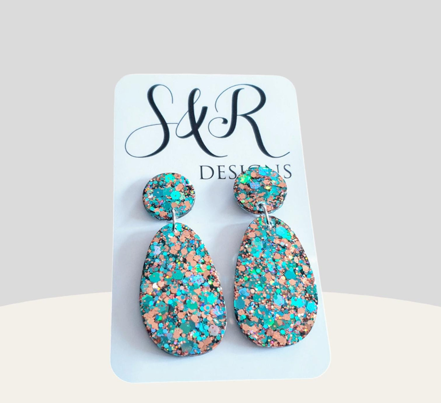 Teal Rosegold Glitter Drop Dangle Earrings, Oval Organic Shape Earrings, Resin Handmade, Stainless Steel. Gift for Her.