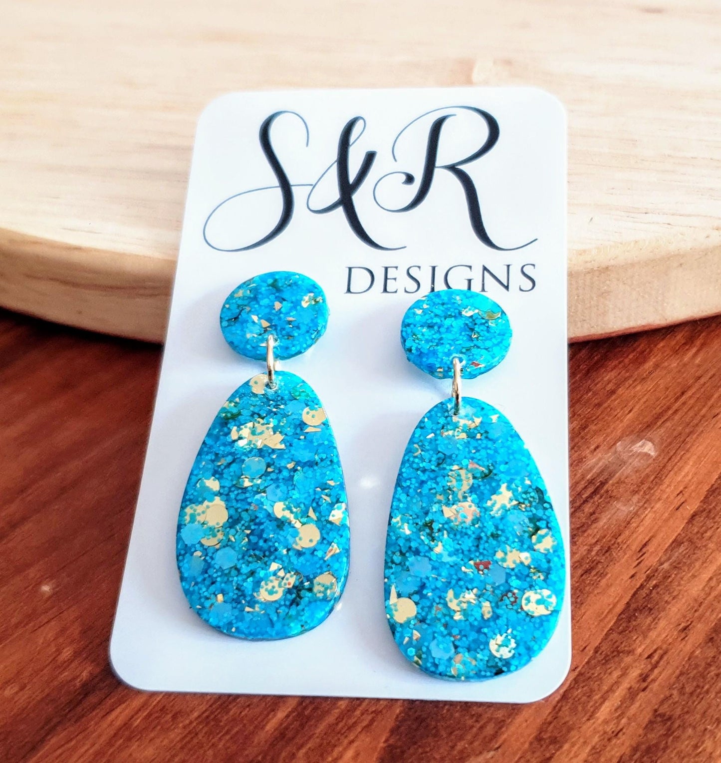 Blue Gold Mix Oval Organic Shape Drop Earrings, Light Blue and Gold Mix Glitter, Resin Handmade, Stainless Steel Hypoallergenic Earrings