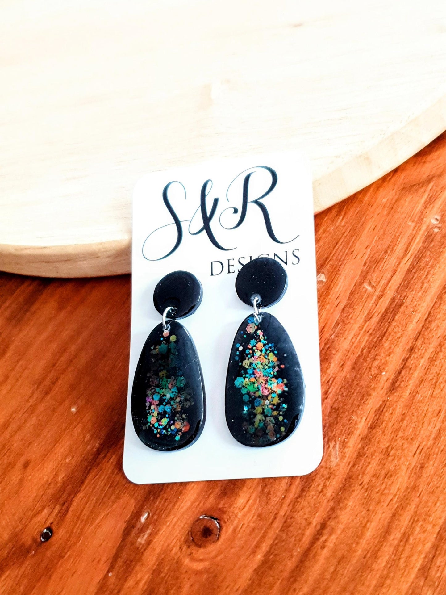 Black Metalic Drop Earrings, Oval Organic Shape Earrings, Black Multicoloured Glitter, Resin Handmade, Stainless Steel. Gift for Her.