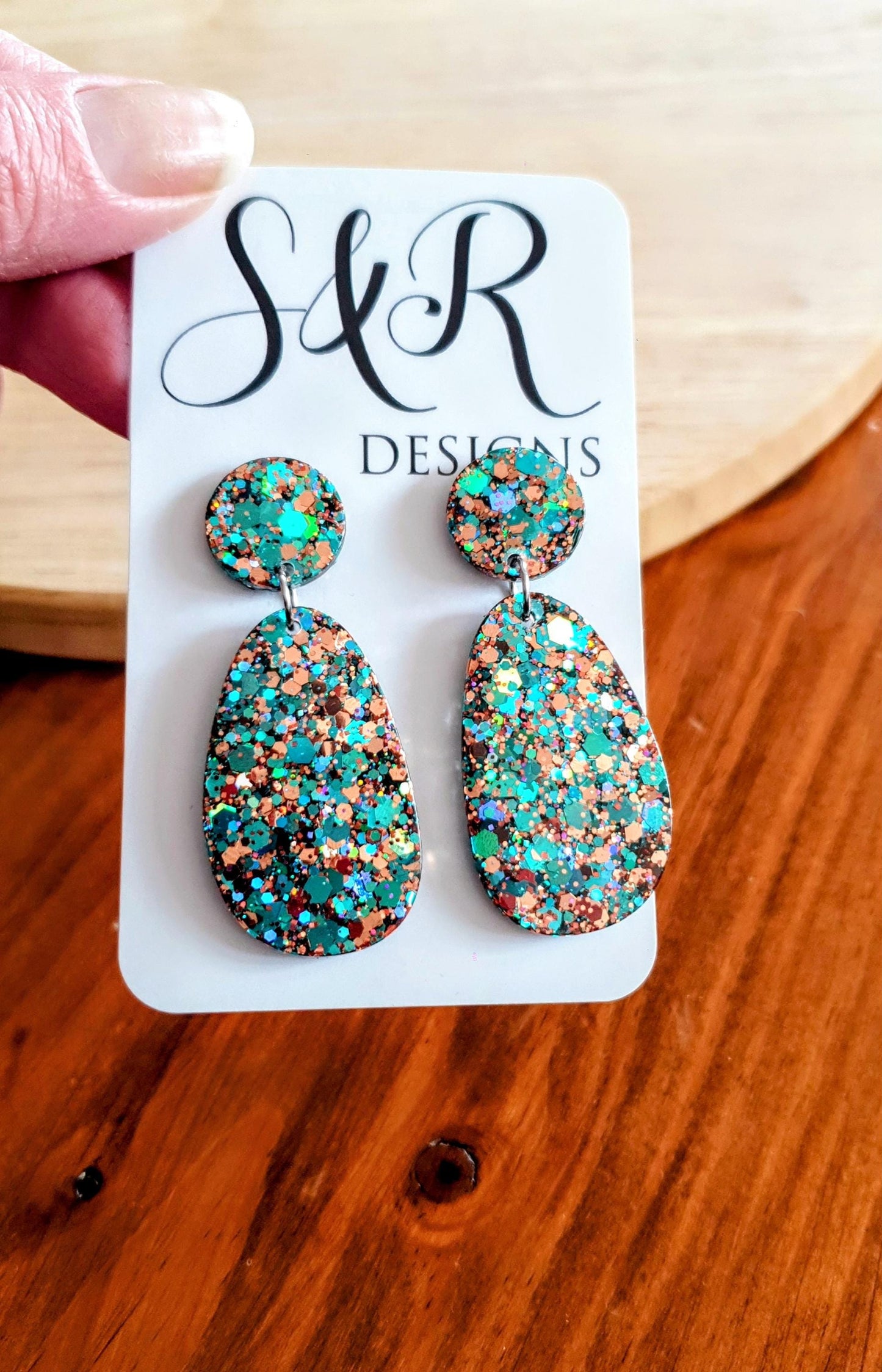 Teal Rosegold Glitter Drop Dangle Earrings, Oval Organic Shape Earrings, Resin Handmade, Stainless Steel. Gift for Her.