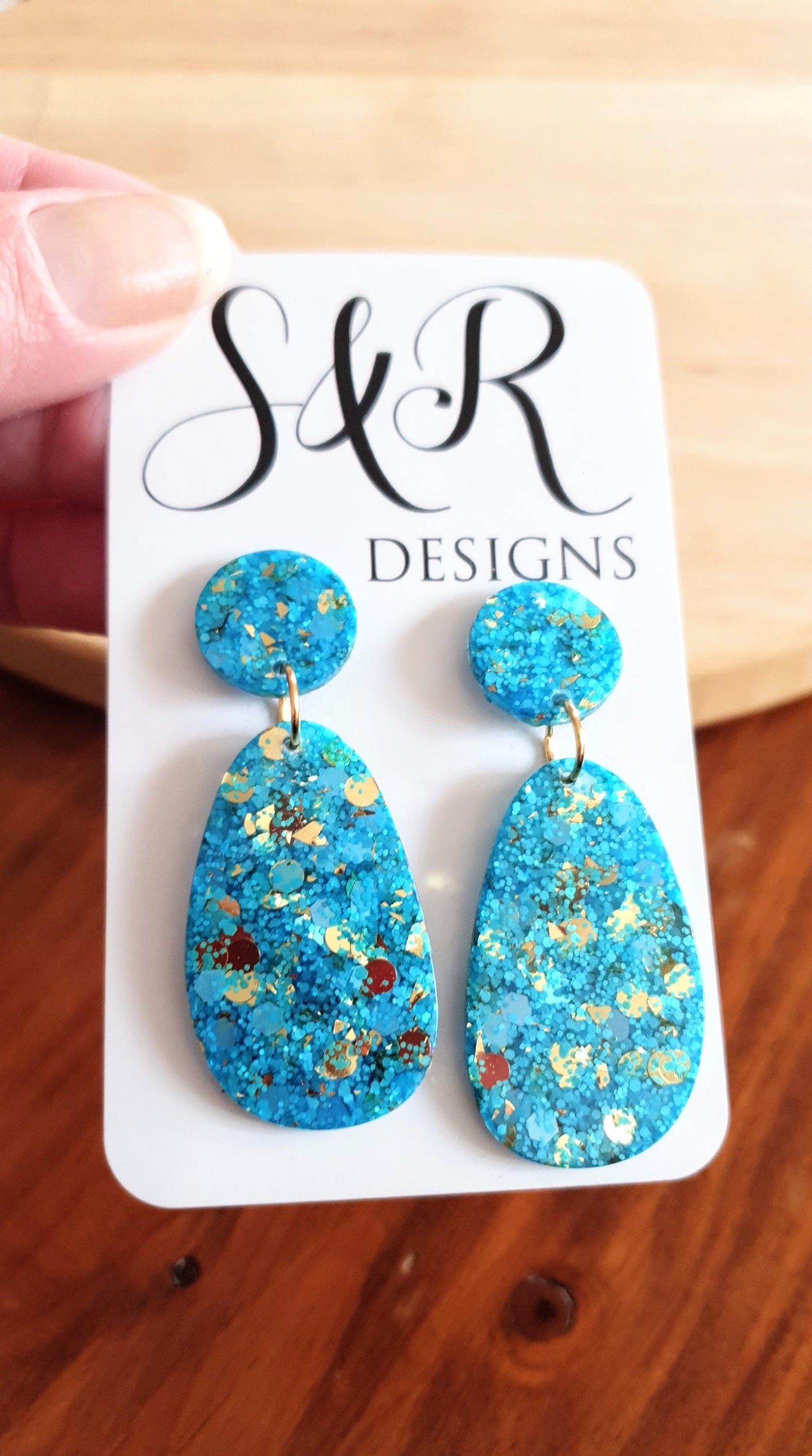 Blue Gold Mix Oval Organic Shape Drop Earrings, Light Blue and Gold Mix Glitter, Resin Handmade, Stainless Steel Hypoallergenic Earrings