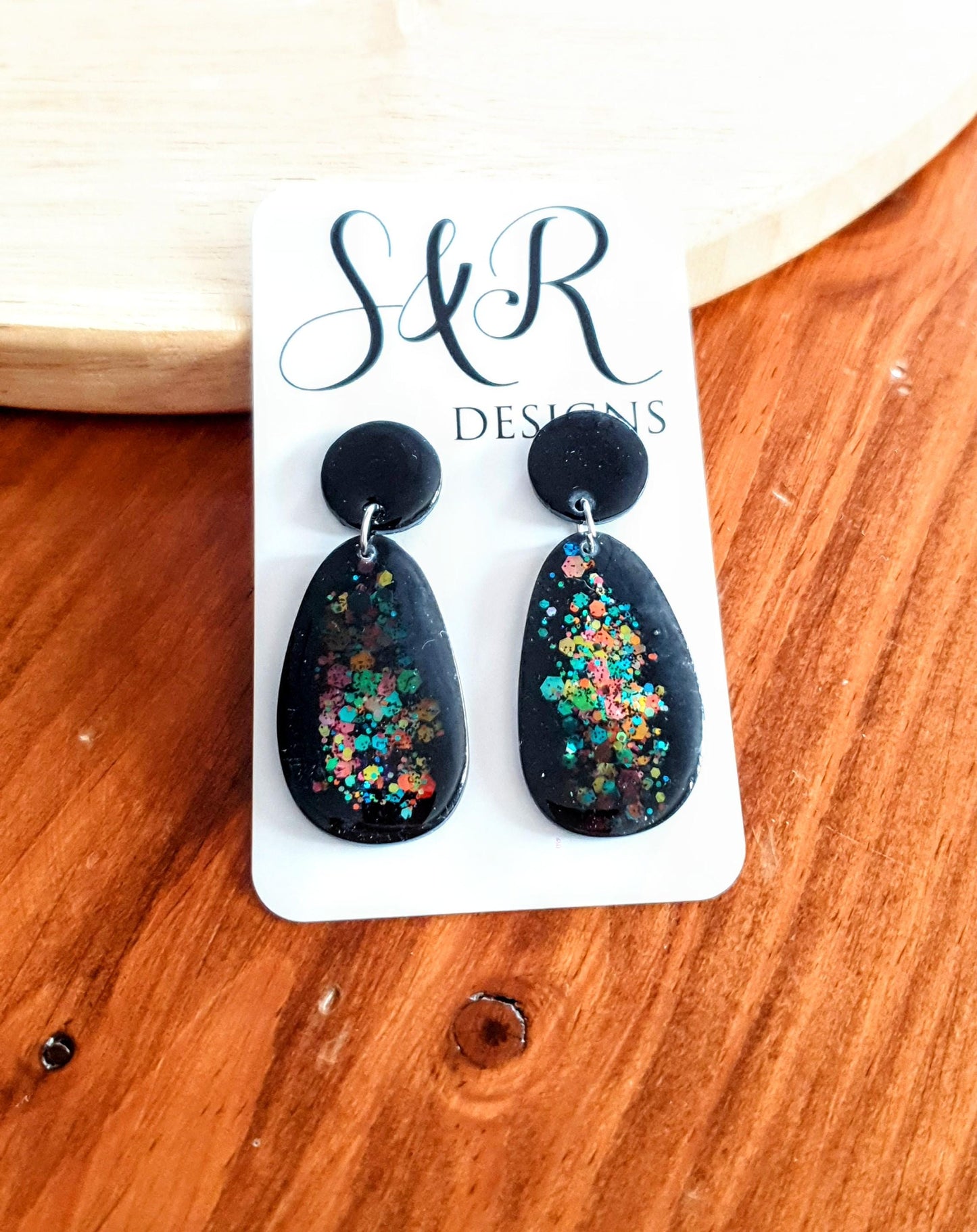 Black Metalic Drop Earrings, Oval Organic Shape Earrings, Black Multicoloured Glitter, Resin Handmade, Stainless Steel. Gift for Her.