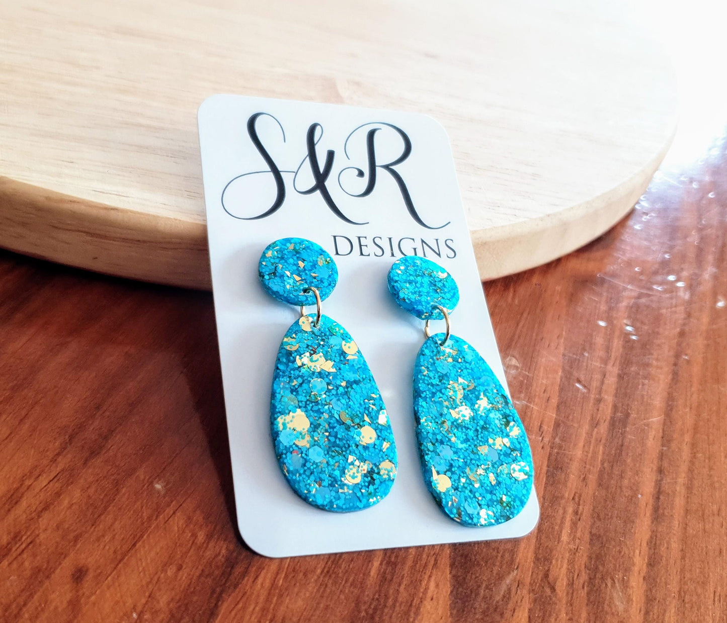 Blue Gold Mix Oval Organic Shape Drop Earrings, Light Blue and Gold Mix Glitter, Resin Handmade, Stainless Steel Hypoallergenic Earrings