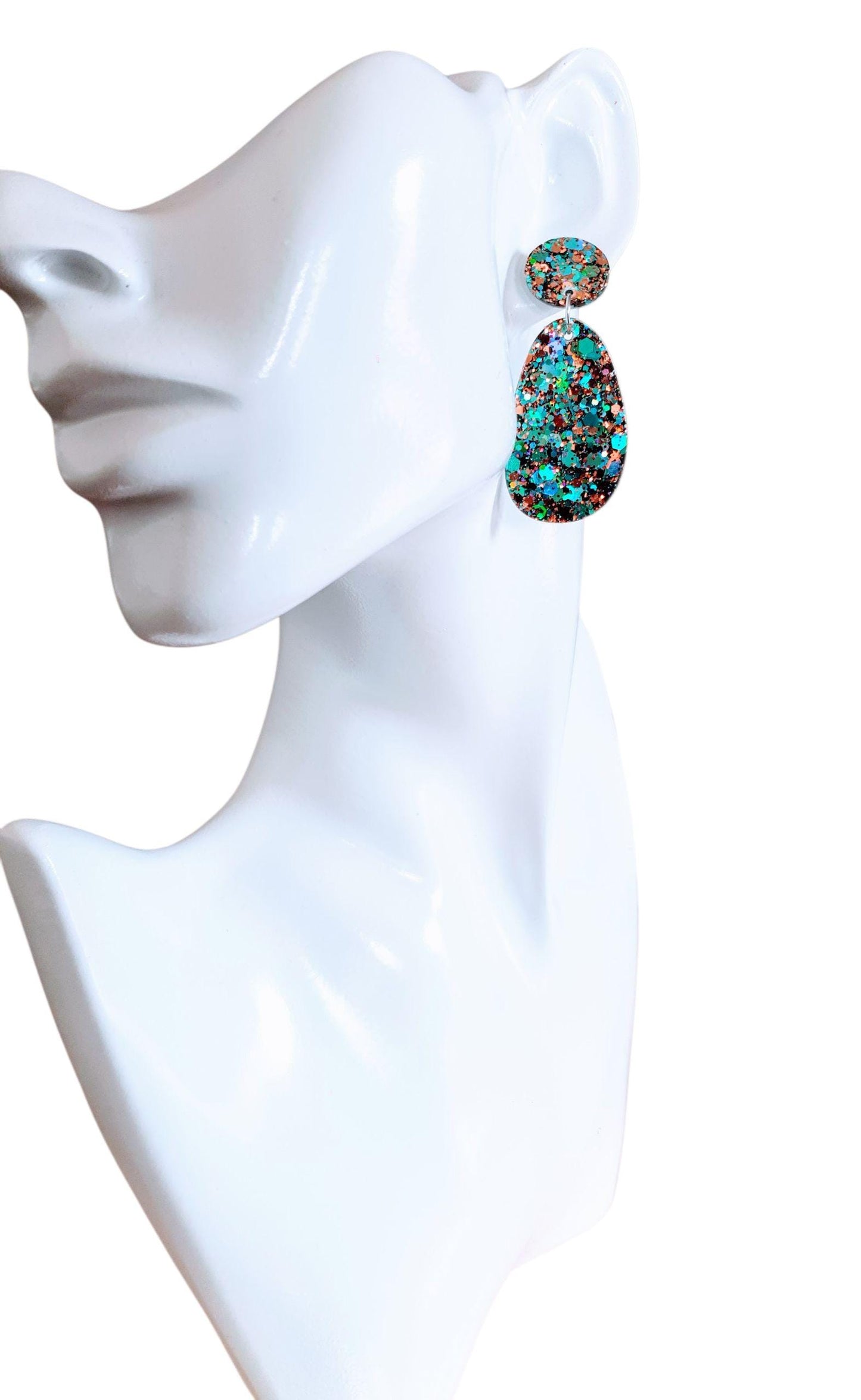 Teal Rosegold Glitter Drop Dangle Earrings, Oval Organic Shape Earrings, Resin Handmade, Stainless Steel. Gift for Her.