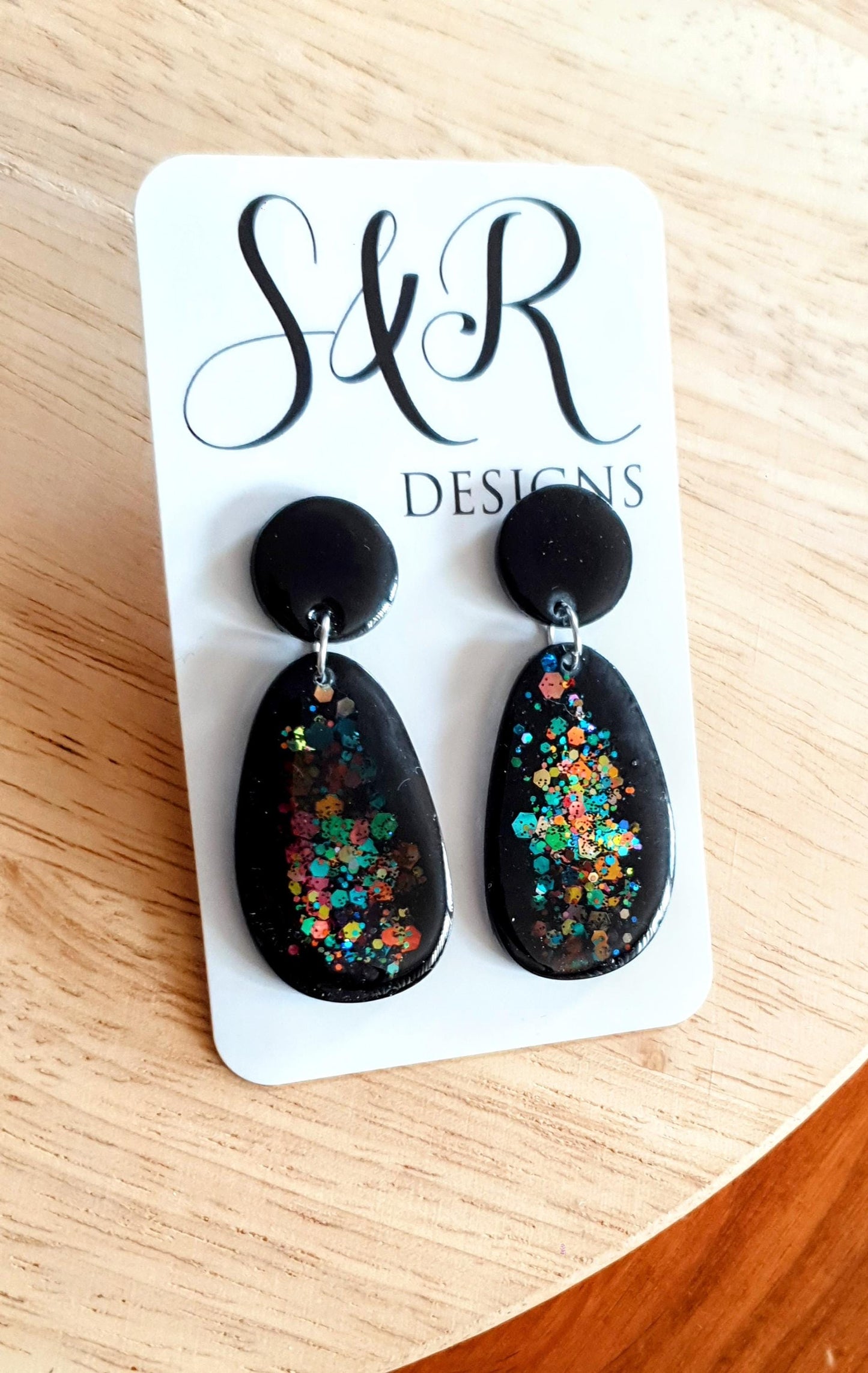 Black Metalic Drop Earrings, Oval Organic Shape Earrings, Black Multicoloured Glitter, Resin Handmade, Stainless Steel. Gift for Her.
