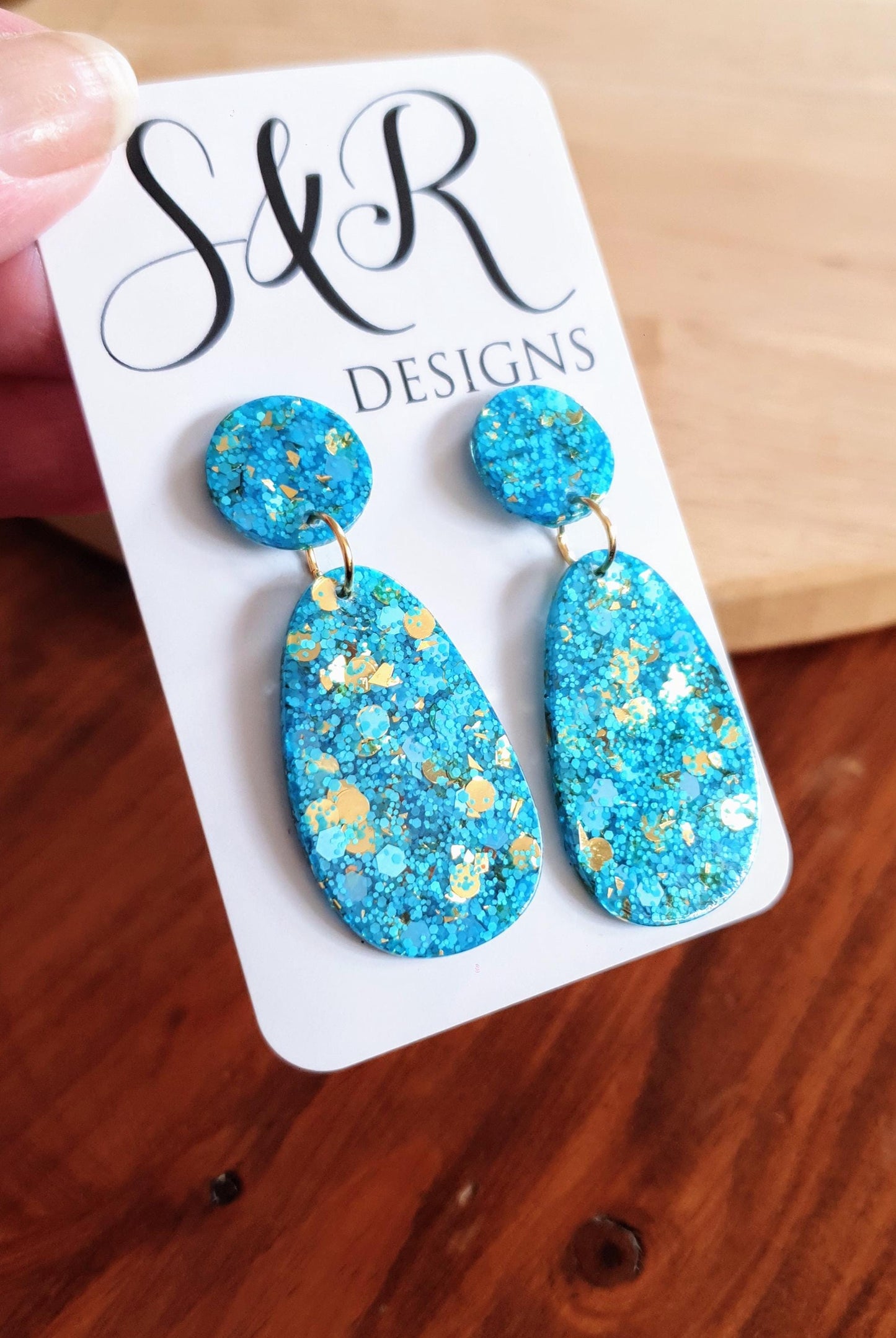 Blue Gold Mix Oval Organic Shape Drop Earrings, Light Blue and Gold Mix Glitter, Resin Handmade, Stainless Steel Hypoallergenic Earrings