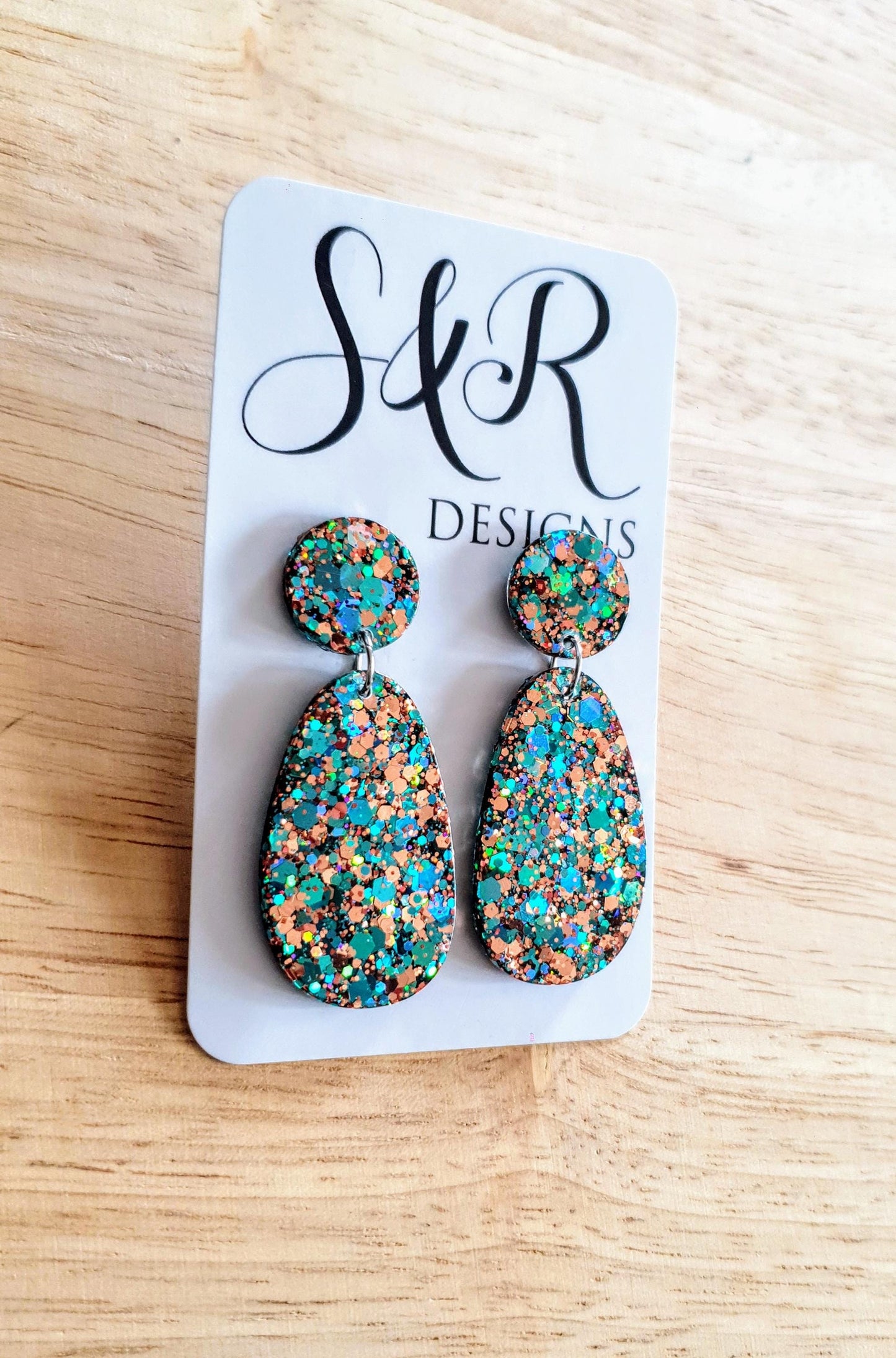 Teal Rosegold Glitter Drop Dangle Earrings, Oval Organic Shape Earrings, Resin Handmade, Stainless Steel. Gift for Her.