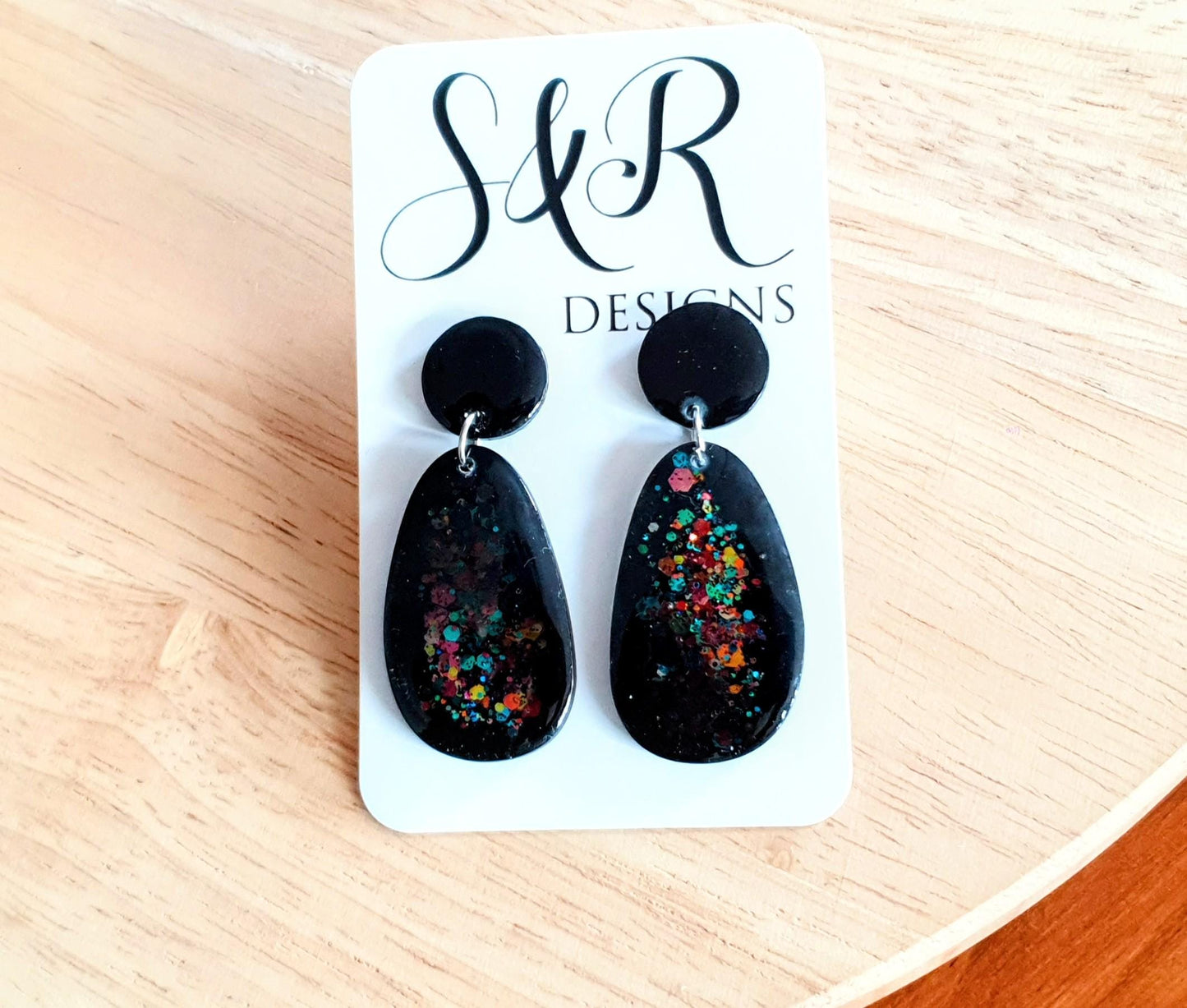 Black Metalic Drop Earrings, Oval Organic Shape Earrings, Black Multicoloured Glitter, Resin Handmade, Stainless Steel. Gift for Her.