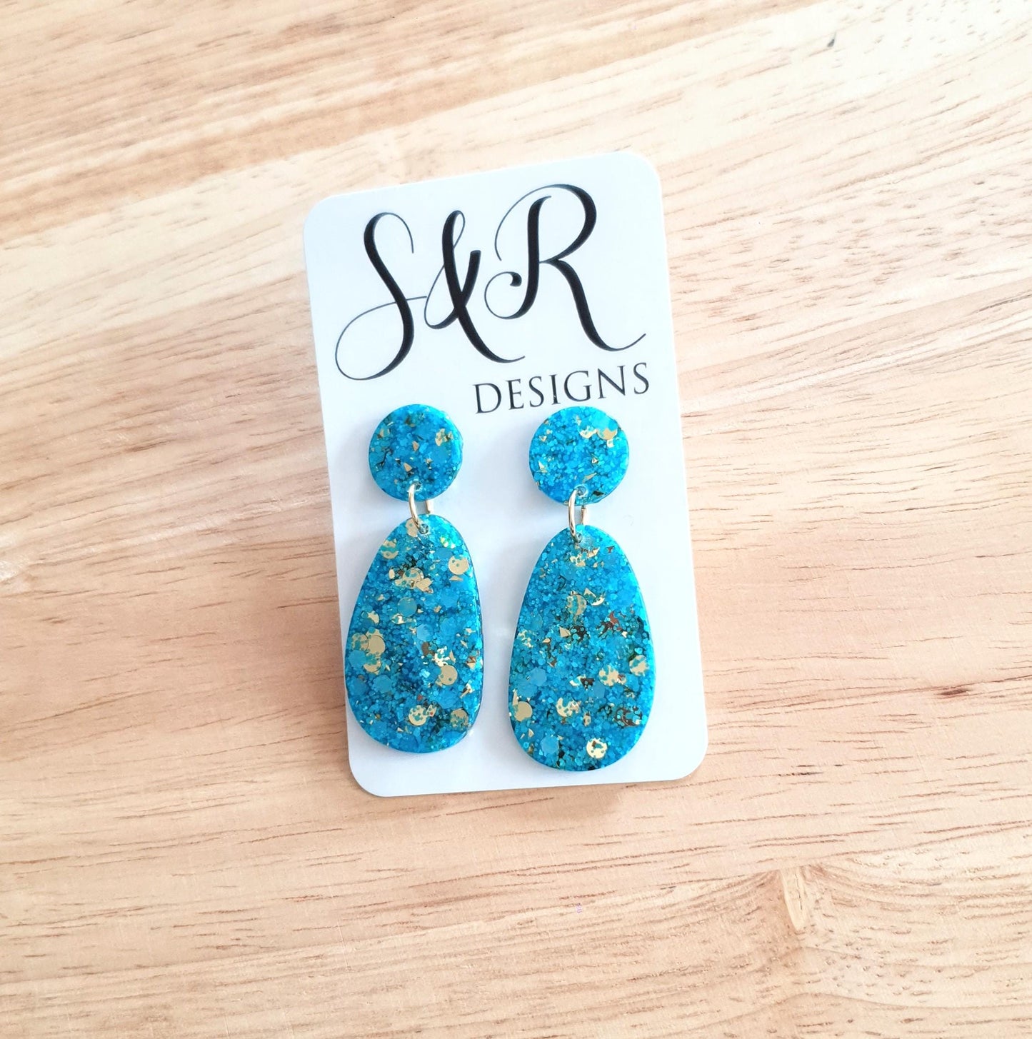 Blue Gold Mix Oval Organic Shape Drop Earrings, Light Blue and Gold Mix Glitter, Resin Handmade, Stainless Steel Hypoallergenic Earrings