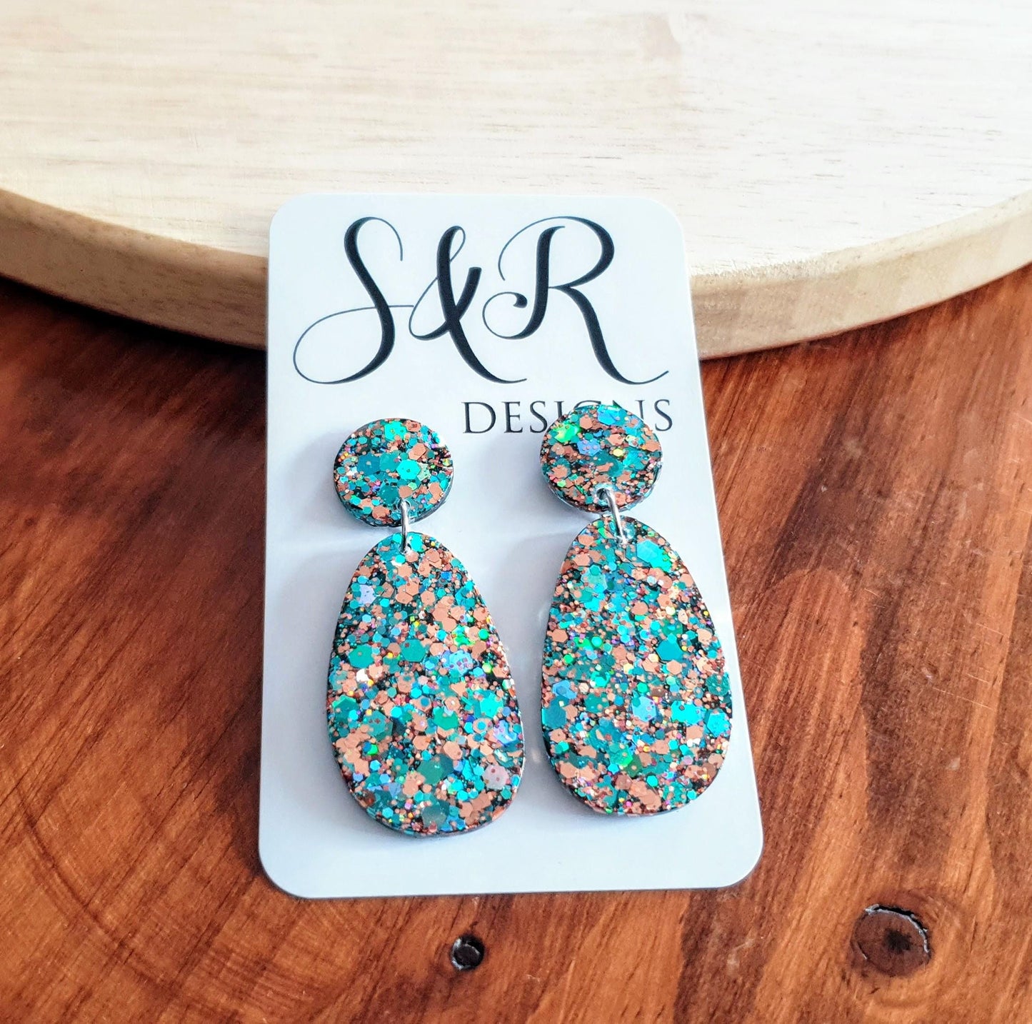 Teal Rosegold Glitter Drop Dangle Earrings, Oval Organic Shape Earrings, Resin Handmade, Stainless Steel. Gift for Her.
