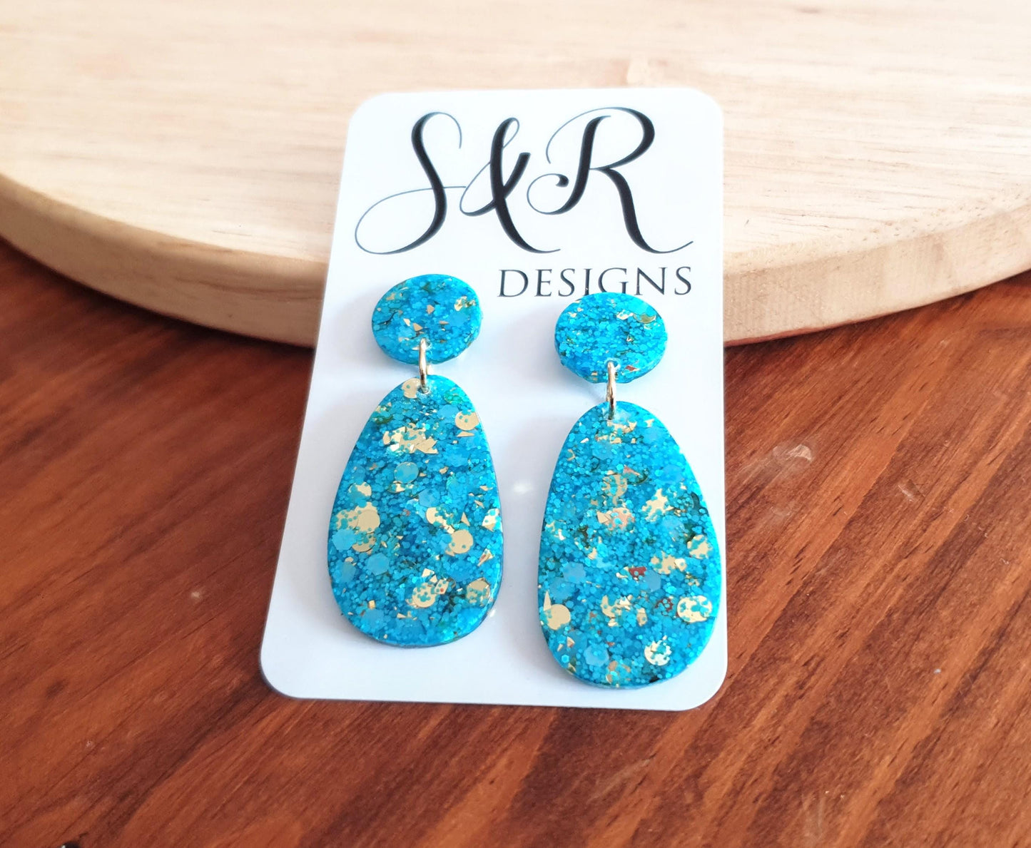 Blue Gold Mix Oval Organic Shape Drop Earrings, Light Blue and Gold Mix Glitter, Resin Handmade, Stainless Steel Hypoallergenic Earrings