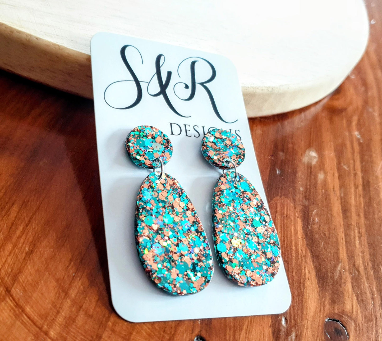 Teal Rosegold Glitter Drop Dangle Earrings, Oval Organic Shape Earrings, Resin Handmade, Stainless Steel. Gift for Her.