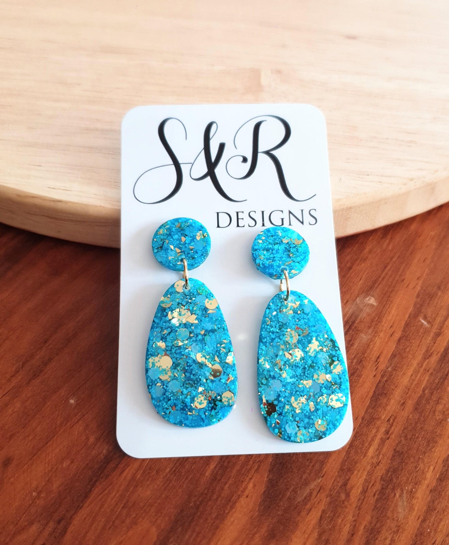 Blue Gold Mix Oval Organic Shape Drop Earrings, Light Blue and Gold Mix Glitter, Resin Handmade, Stainless Steel Hypoallergenic Earrings